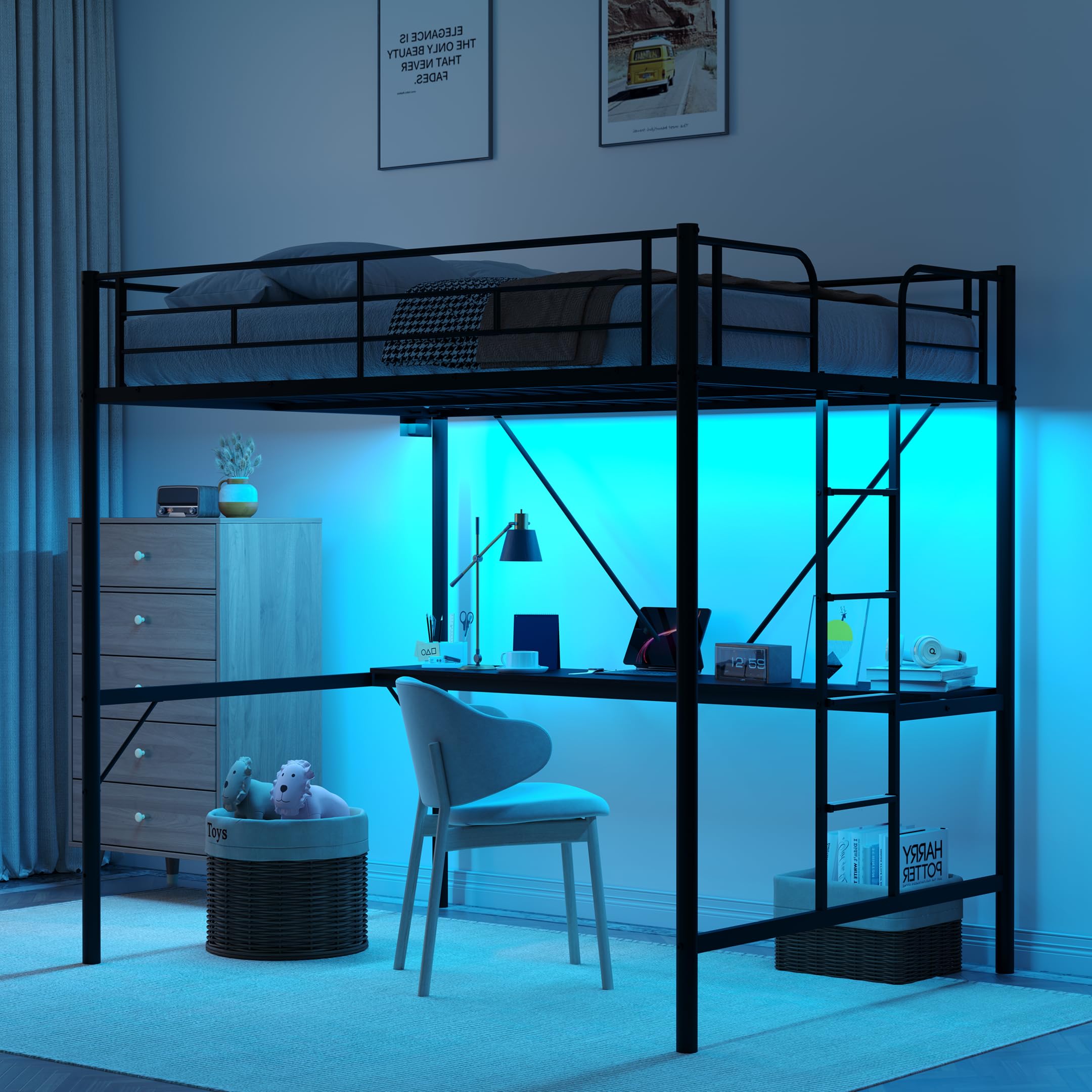VINGLI Twin Size Metal Loft Bunk Bed Frame with Desk