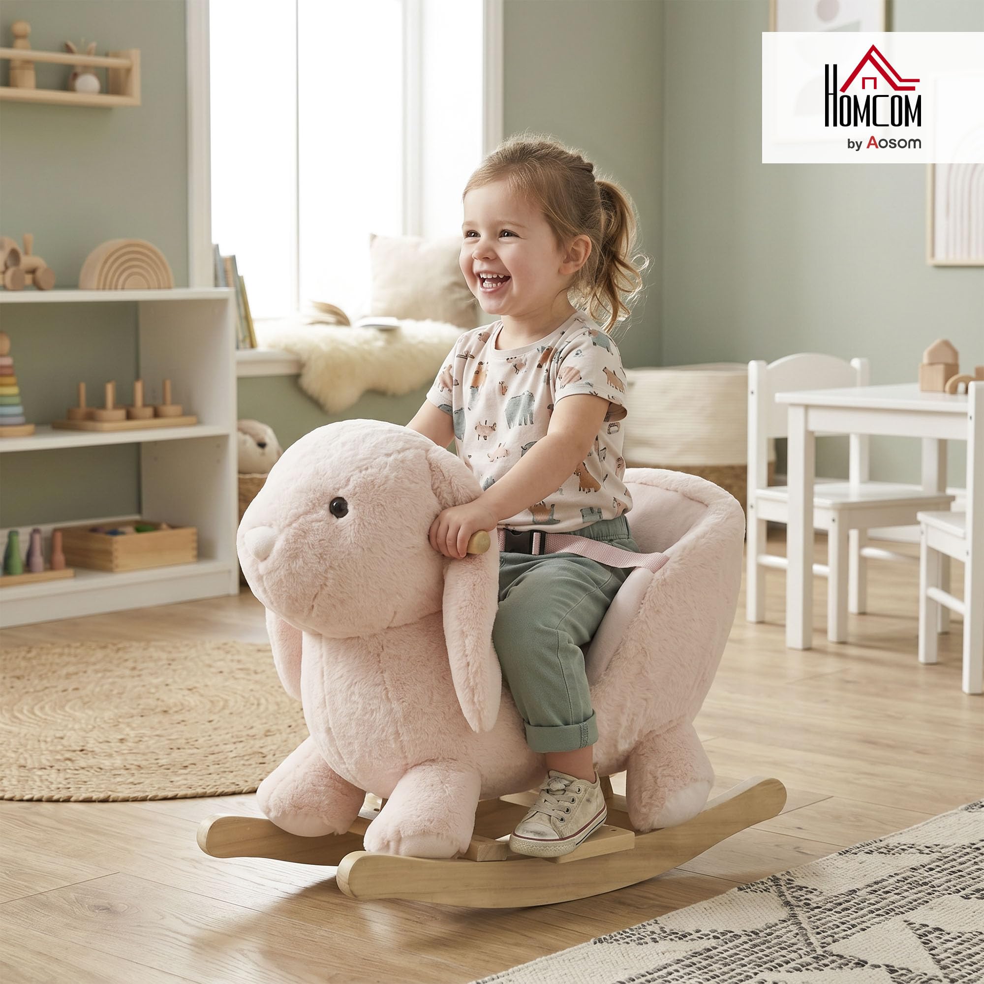 HOMCOM Caballito Balancín Infantil Forma de Conejo de Felpa para Bebés 18-36 Meses con Sonido Cinturón de Seguridad Manillar y Reposapiés 60x33x50cm Rosa