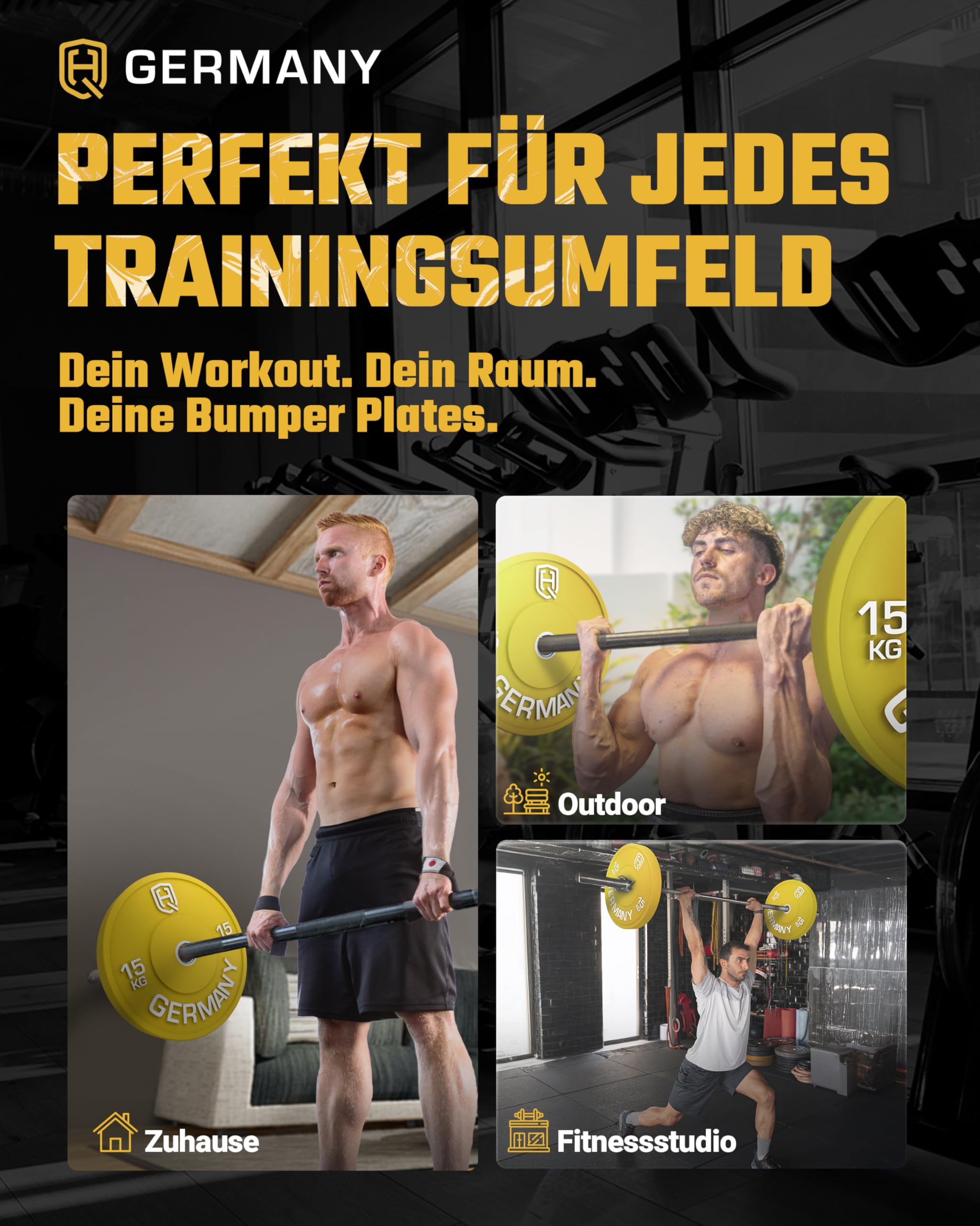 HQ Germany® Bumper Plates 50 mm [Nach IWF-Norm] - Hantelscheiben 5-25kg | Premium Vollgummi, Ø 450mm, 50mm-Bohrung, Shore-A 85 Härte, schmales Design, Edelstahl-Hülse