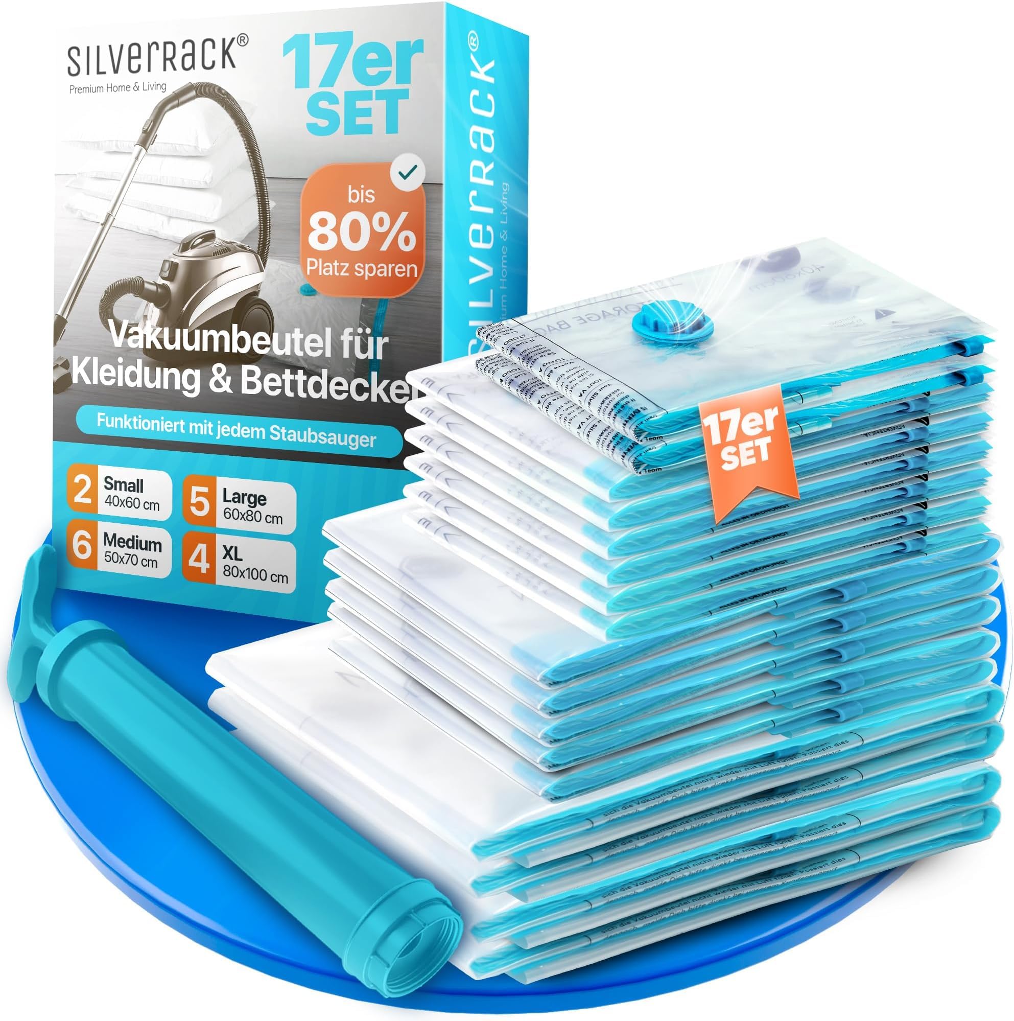 SilverRack Vakuumbeutel für Kleidung und Bettdecken [17 Stück] mit Pumpe in 4 Größen (2x Small + 6x Medium + 5x Large + 4x XL) - Vakuumierbeutel Kleidung und Kissen - Vakuum Beutel