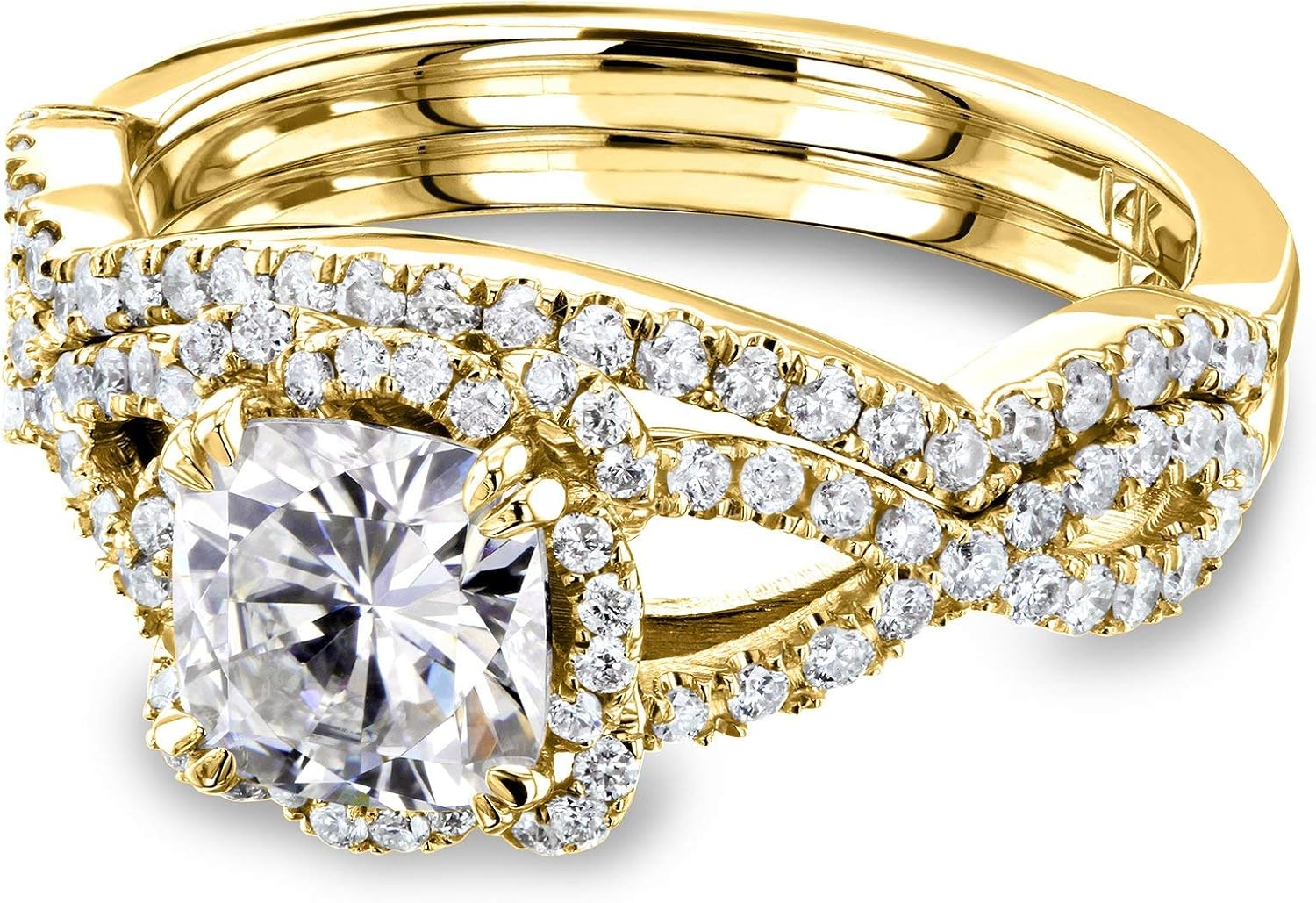 Kobelli Cushion Moissanite Fancy Halo Cross Shank Bridal Set, 1-1/2 CTW 14k Gold