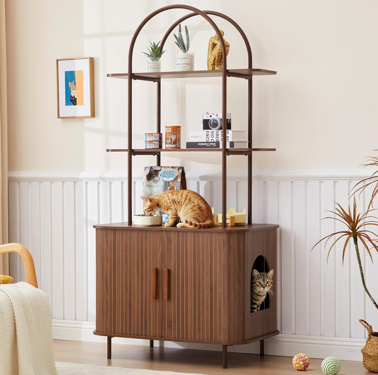 Arched Cat Litter Box Enclosure Furniture with 2-Tier Storage Shelves, Large Fluted Hidden Litter Box Cabinet with Sliding Door, Curved Indoor Cat House Kitty Litter Box for Hallway, Walnut