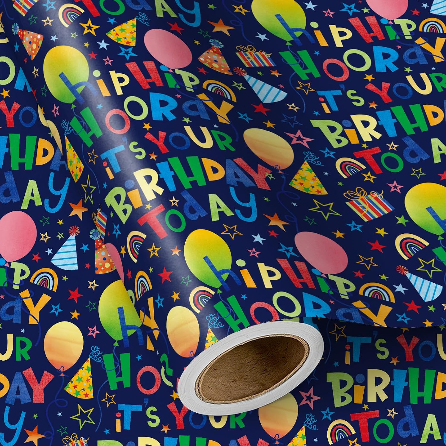 RUSPEPA Birthday Wrapping Paper Roll, Mini Roll, Colorful Hooray It's Your Birthday Typography Paper with Balloons Gift Wrap for Kids, Boys, Girls, Party Supplies, 17 Inches x 9.8 Feet