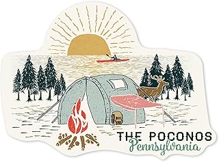 Lantern Press Sticker Poconos, Pennsylvania, Happy Camper, Tent, Distressed Vector Shape Die Cut Vinyl, (Waterproof Decal for Cars, Water Bottles, Laptops, Coolers), Small