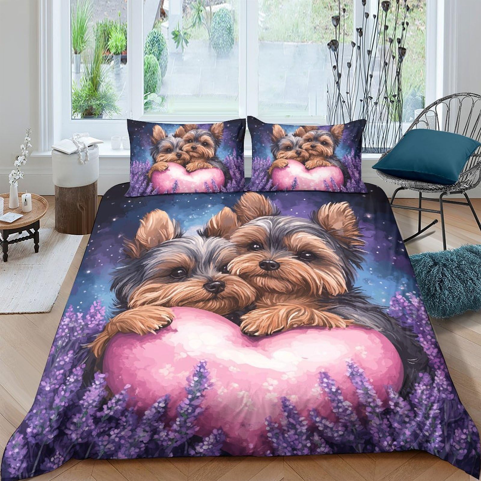Ctjqhvkz Style-1 3D Printed Yorkshire Terrier Heart Fitted Sheet Microfiber Soft Anti-Slip Bed Cover Purple Bedroom Decor Machine Washable Single（135X200cm）