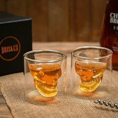Skull Shot Glasses Set of 2 – Crystal Skull Whiskey Glass for Men – Spooky Hallowee...