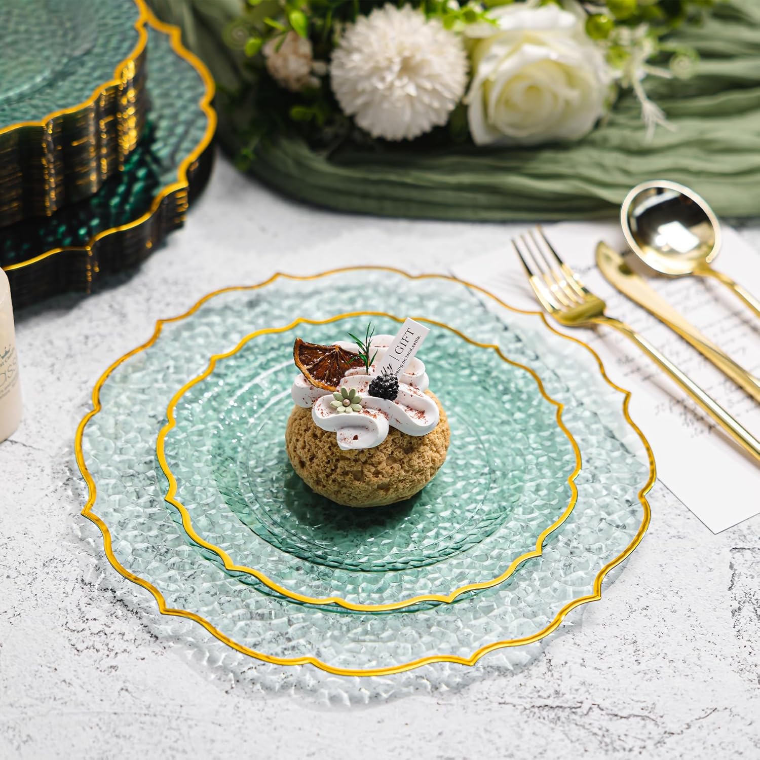 100 PCS Green Stone Texture Plastic Plates, Disposable Plates with Gold Rim, Heavy-duty Clear Plastic Plate Include 10" Dinner and 7" Salad Plate for Party and Wedding - Image 6