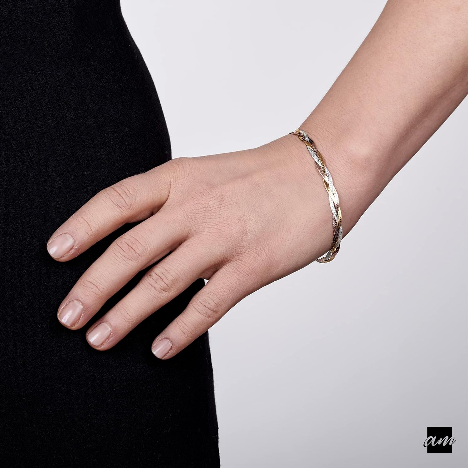 Amberta Women's 925 Sterling Silver Braided Herringbone Chain Bracelet (Length 7.5 inch) - Image 2