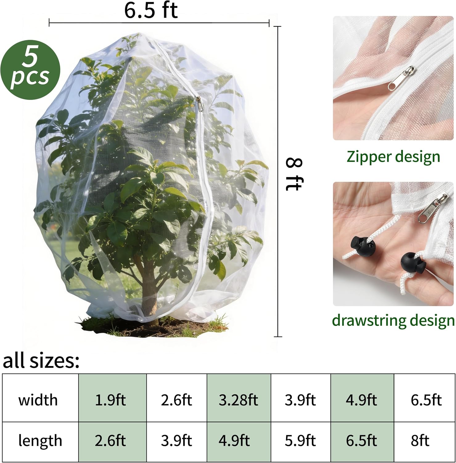 Garden Netting, 5 pcs,6.5 X 8 FT, Featuring Drawstring and Zipper Design, is a Plant Cover and Fruit Tree net Designed to Protect Plants, Fruits, and Flowers from Insects and Birds.