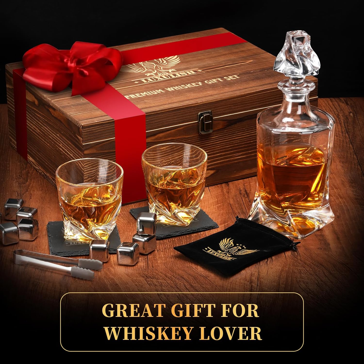Whiskey Decanter Gift Set with Handcrafted Wooden Box, Twisted Bourbon Decanter, 2 Crystal Glasses, 8 Stainless Steel Ice Cubes, 2 Slate Coasters and Tongs, Whiskey Gifts for Men Dad - Image 3
