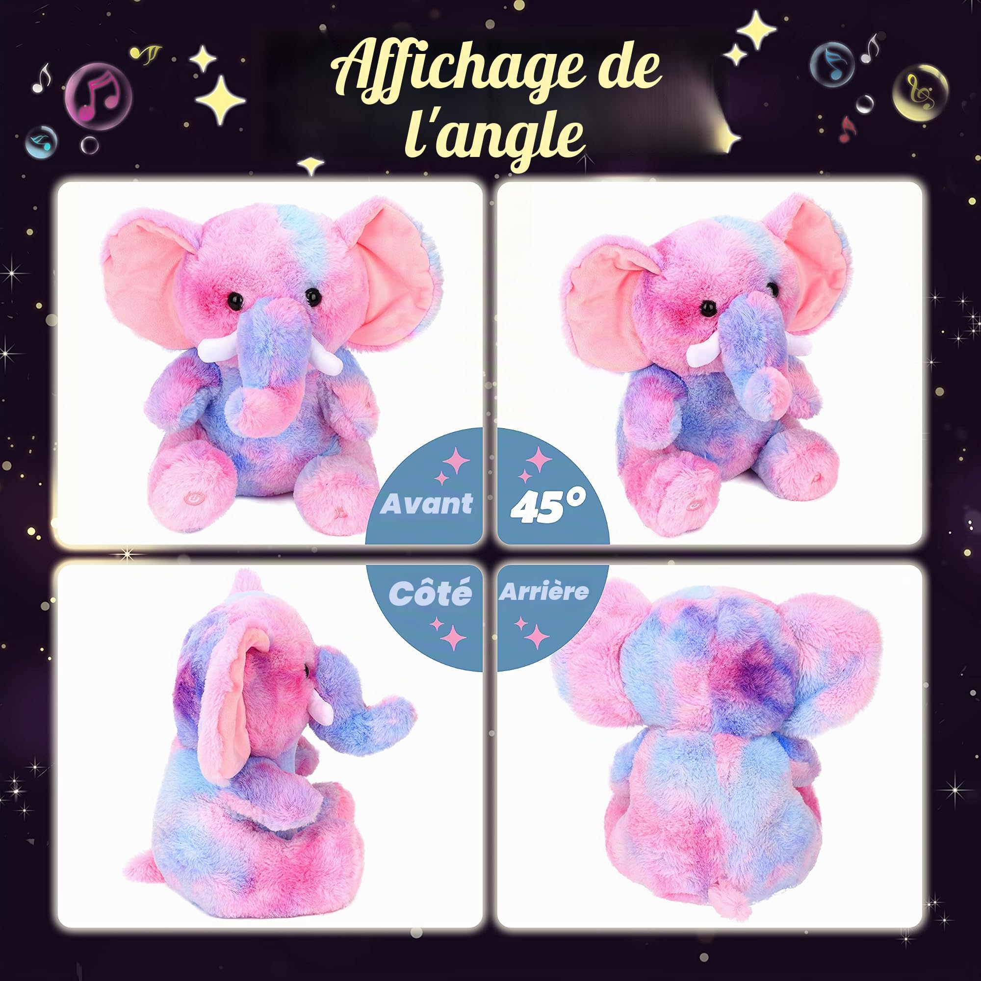 Hopearl Peluche Musicale à LED Multicolore - Éléphant Lumineux - Peluche chantante - Réglage du Volume - Berceuse animée - Apaise - Fête d'anniversaire pour Enfants en Bas âge - Arc-en-Ciel - 28 cm