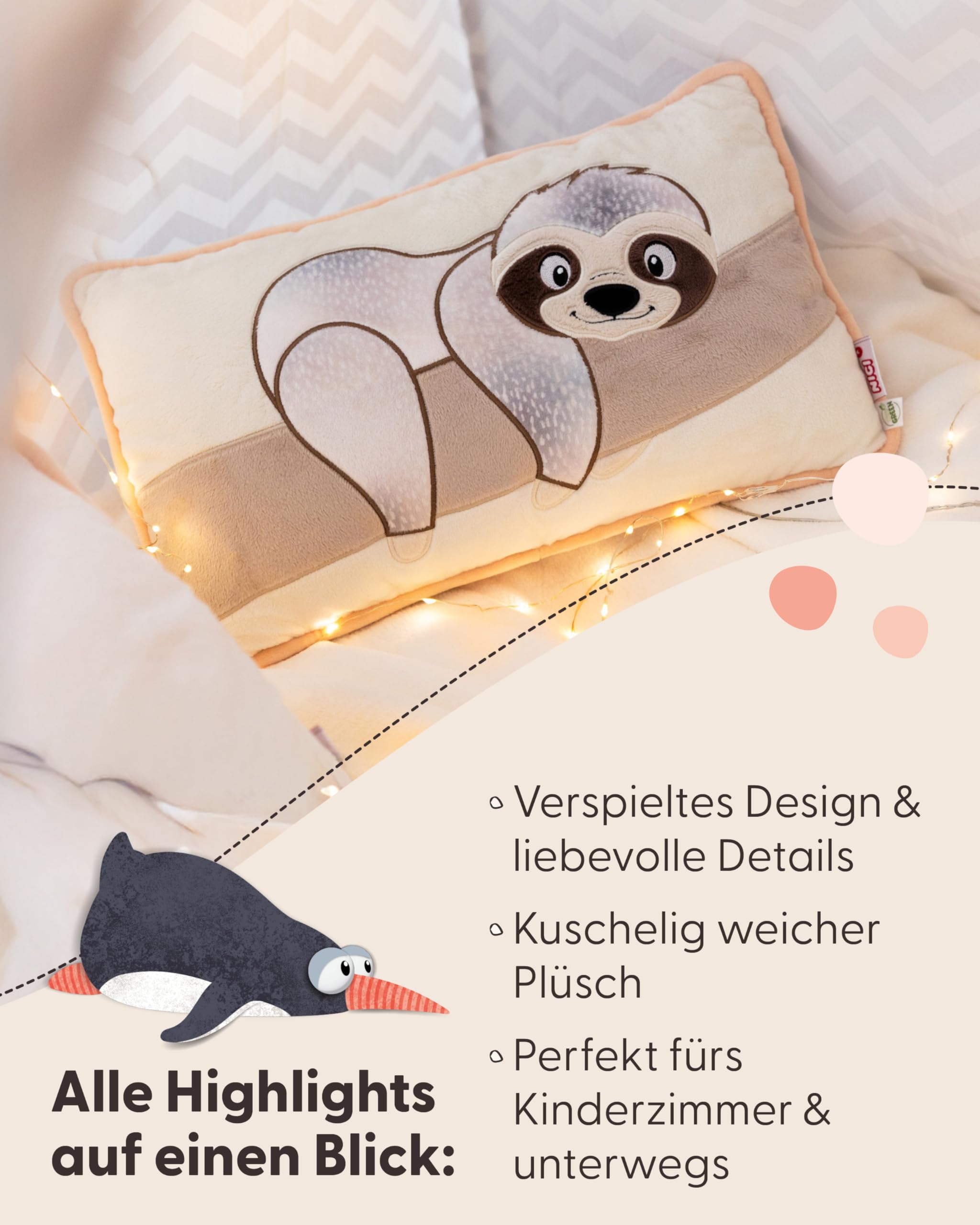 NICI Kuscheltier Kissen Faultier Izzy Icetumbler 43x25cm - beige - Flauschiges Kuschelkissen für Kinder und Erwachsene, Plüschkissen ideal für Zuhause, Kindergarten oder unterwegs - 62446