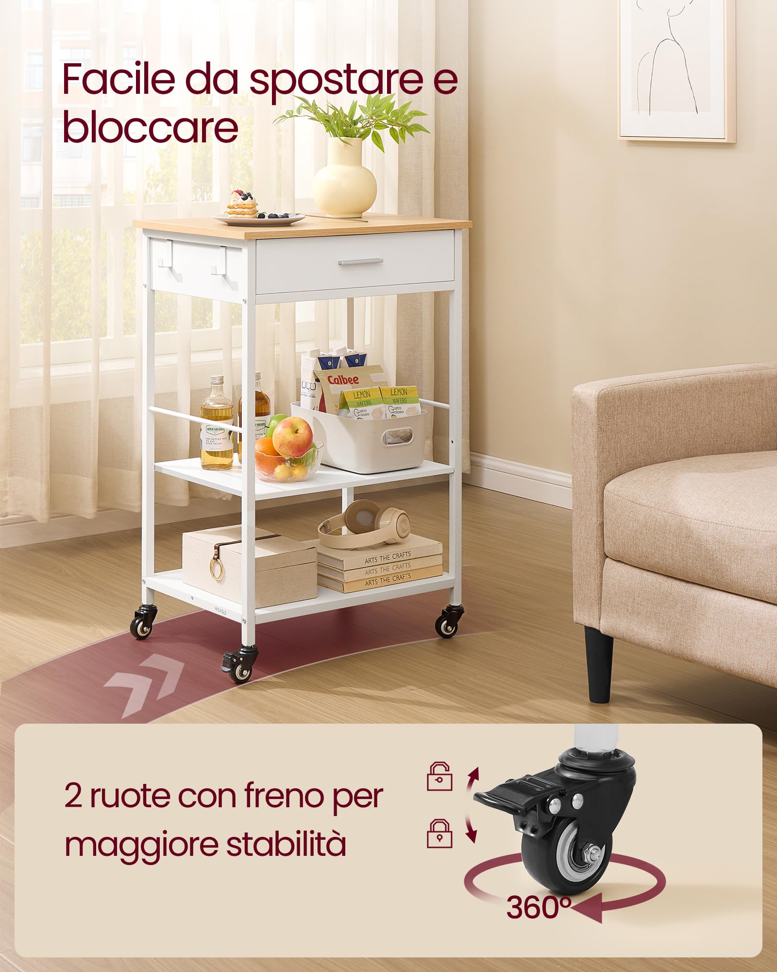 VASAGLE Isola da Cucina Mobile con Ruote, Carrello da Cucina, 45 x 60 x 90 cm, Cassetto, 2 Ganci, per Sala da Pranzo, Rovere Beige e Bianco Opaco KKI007Y01