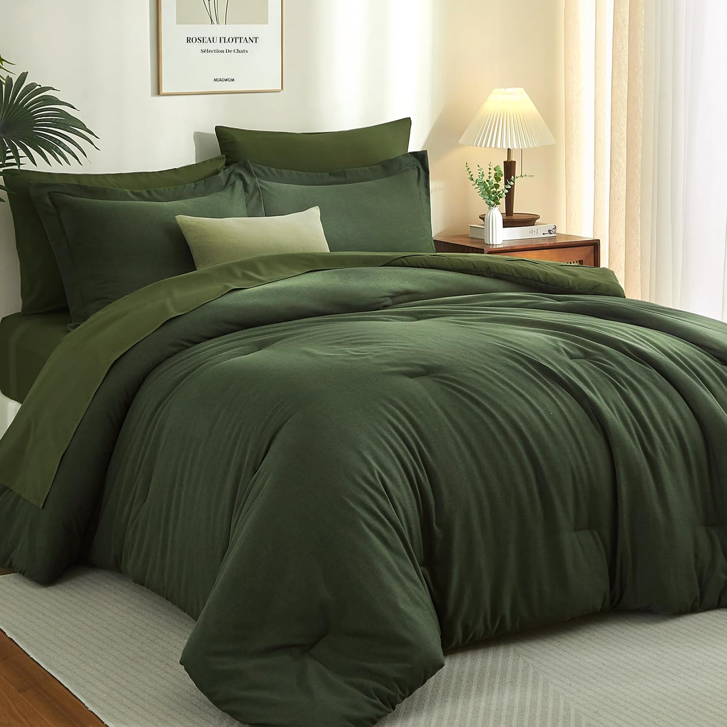King Size Comforter Set Cationic Dyed Dark Green Bed in a Bag | 25% Higher Density, 7-Piece Linen Like bedding set, Wear-resistant, Fade-resistant, Chic Contrast Color, Machine Washable