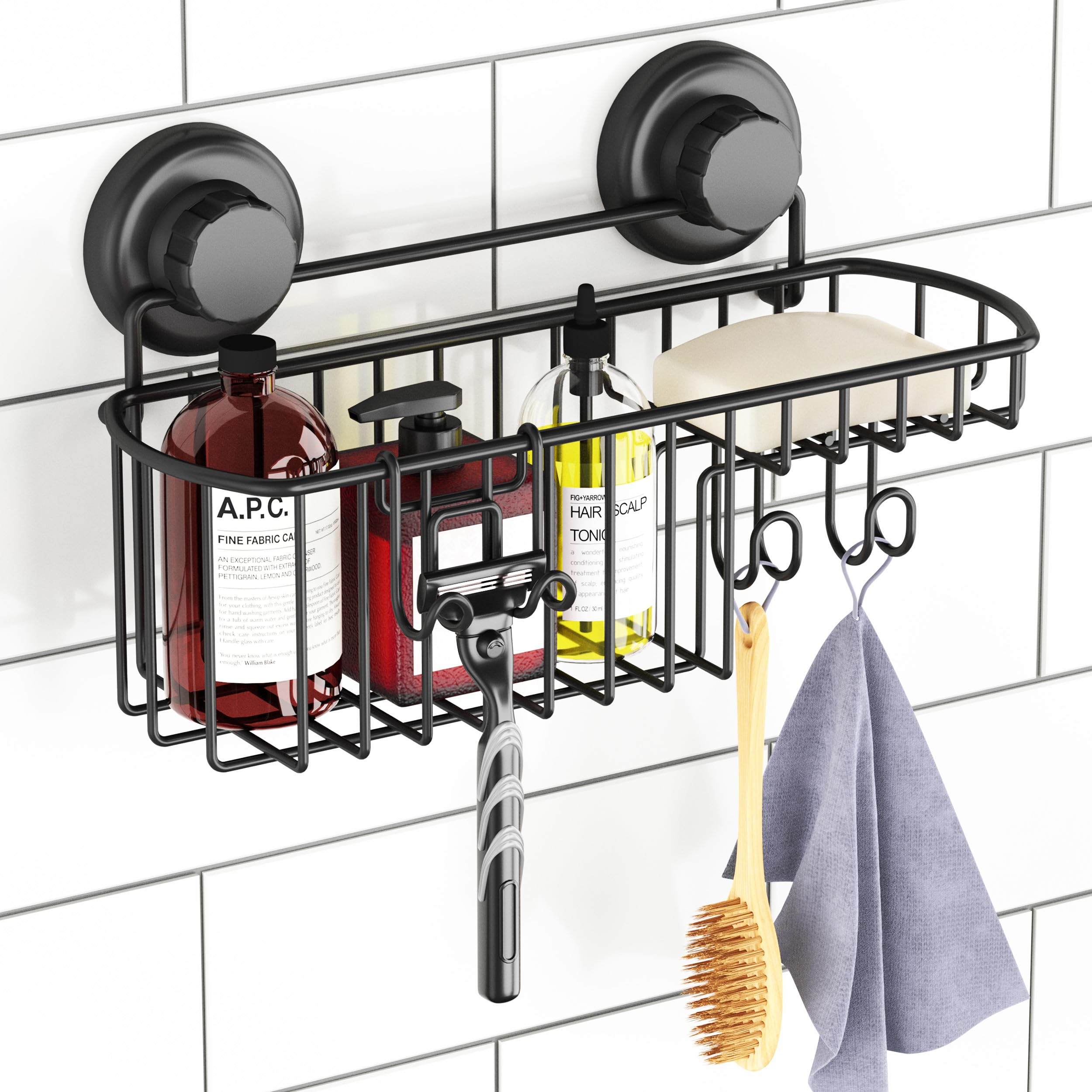 HASKO accessories Estante de ducha con ventosa, estante de baño montado en la pared con ganchos, cesta de ducha con ventosa, estante de ducha para baño, organizador de ducha con ventosa, acero