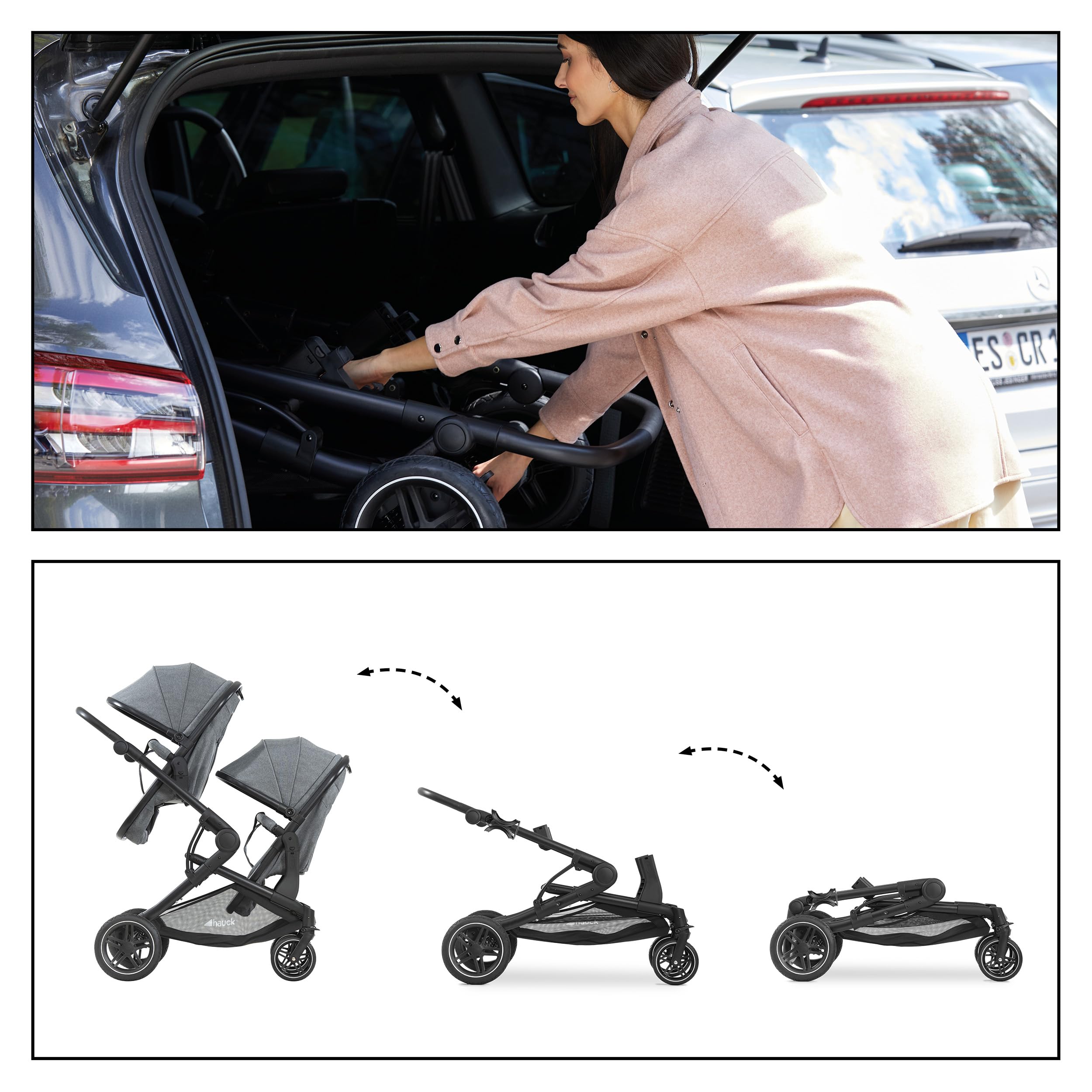 hauck Zwillingskinderwagen Atlantic Twin ab Geburt | 2 Babywannen zu drehbaren Sportsitzen mit Liegeposition | Geschwisterwagen mit Insektennetz & Sonnensegel UV50+ – Melange Grey