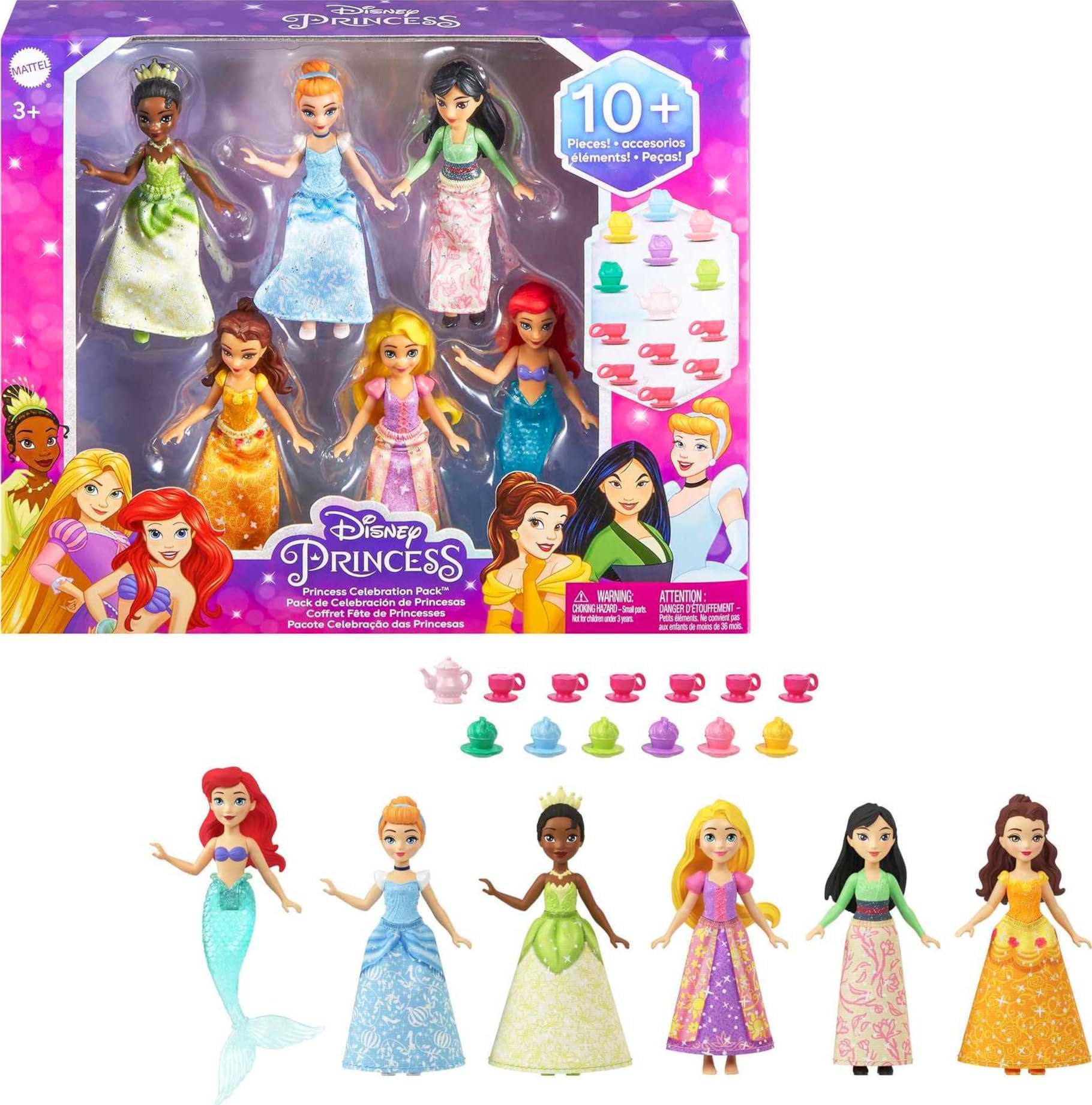 Disney Princess Toys, 6 Posable Small Dolls with Sparkling Clothing and 13 Tea Party Accessories Inspired by Disney Movies, HLW91