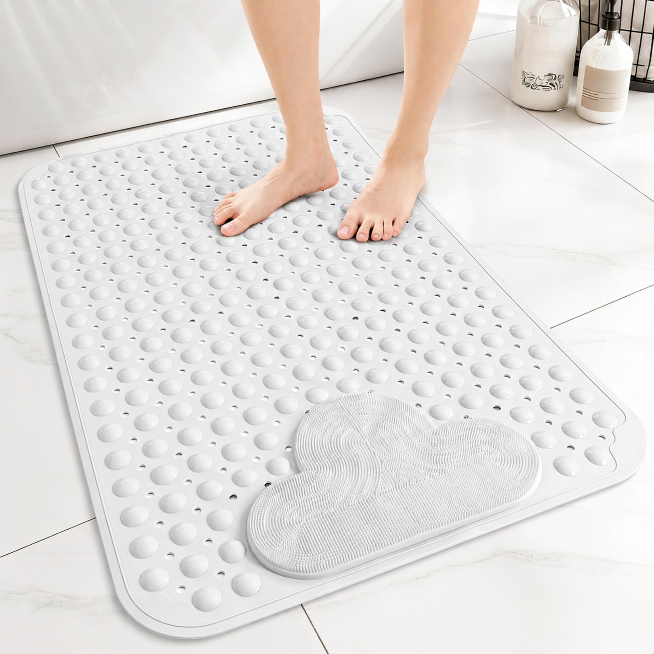 Venuso Shower Mat Non Slip Anti Mould, 90 * 60 cm Non Slip Bath Mat with Foot Massage Area, Shower Mats for Inside Shower and Bath with Strong Suction Cups, Machine Washable