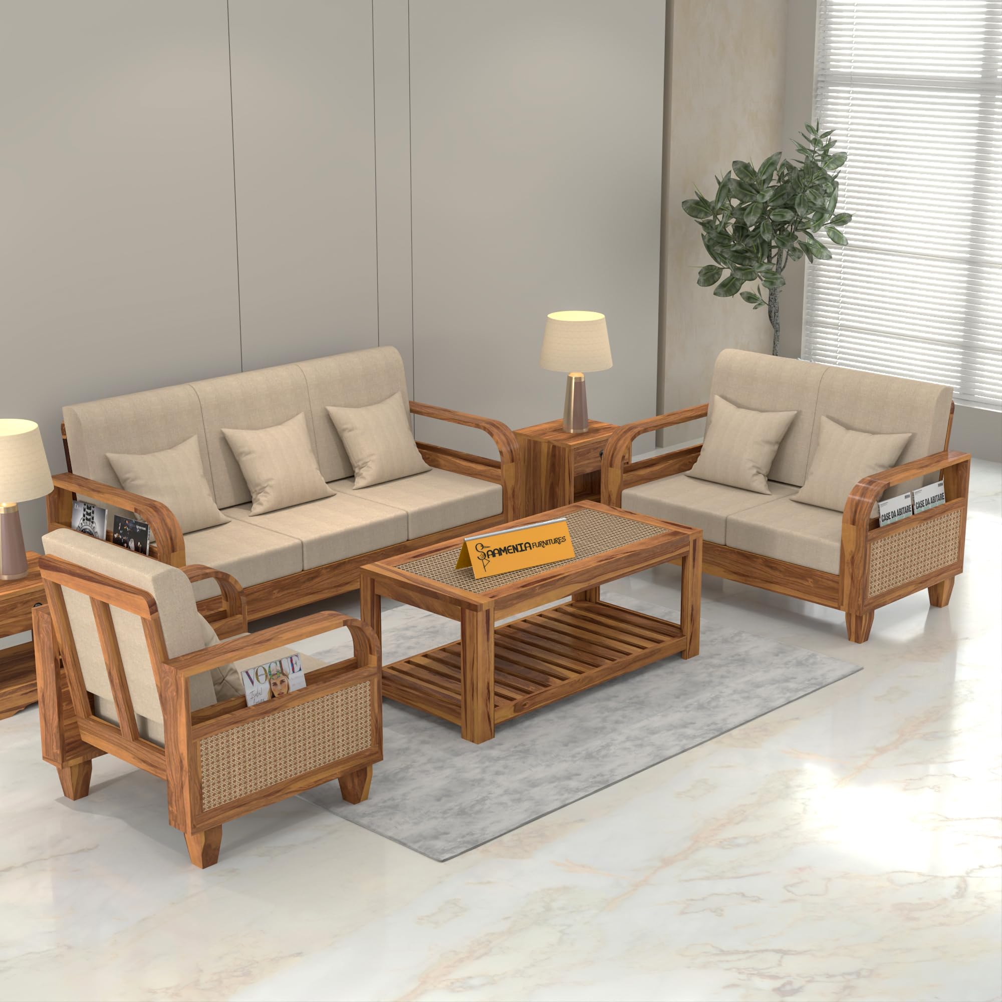 KINGS HOME FURNITURE Sheesham Wooden 6 Seater Sofa for Living Room | Solid Wood Sofa with Rattan Cane Side Rack | Rosewood Sofa Set for Home & Office | Lounge (Honey, 3+2+1 Seater)