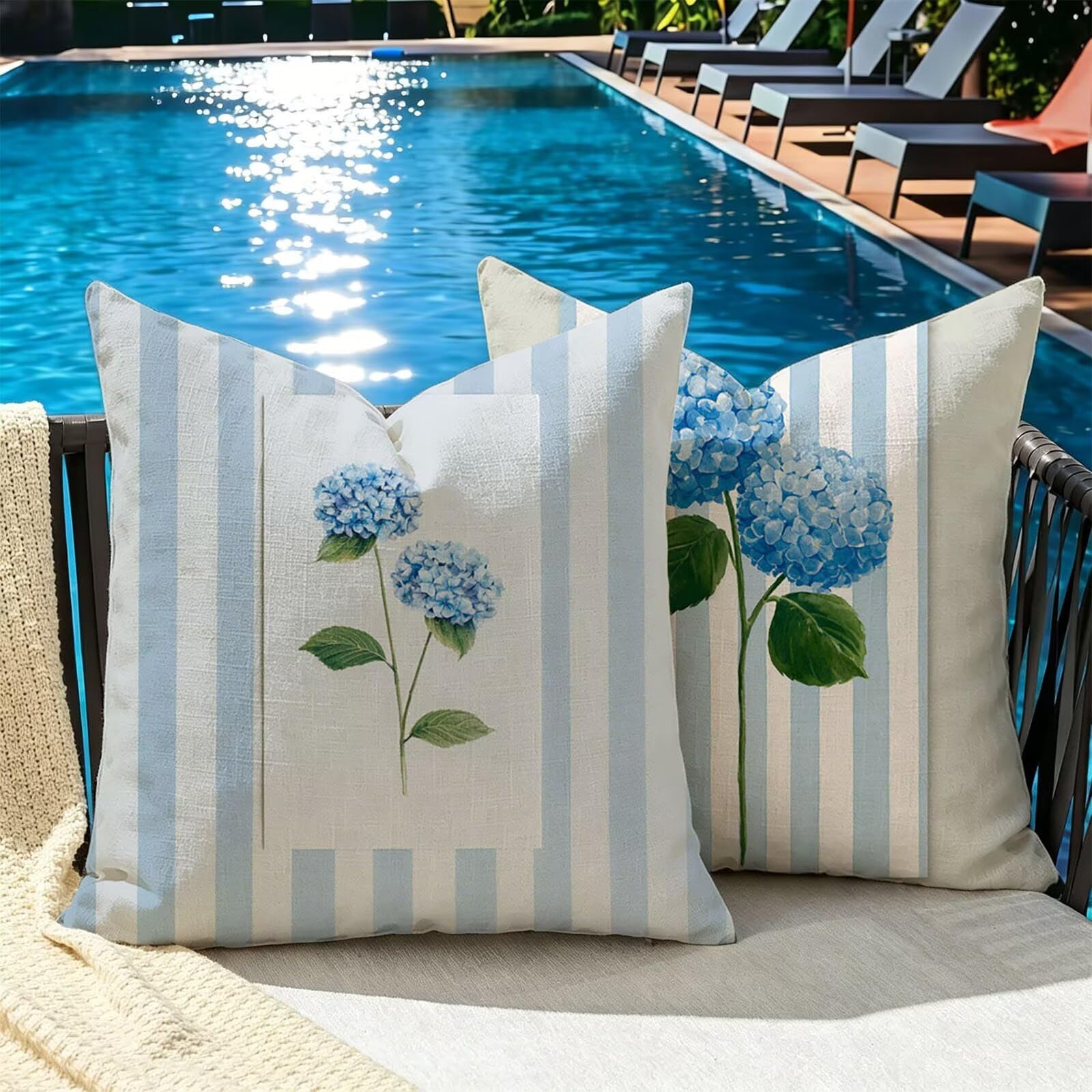 Cuscino Divano 65x65cm Set di 2, blu banda Lino Cuscini per Divano