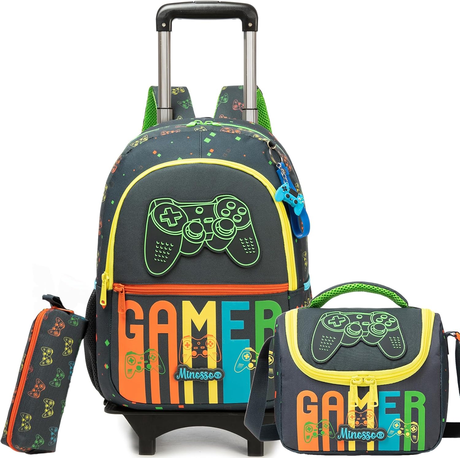 Rolling Backpack for Boys Backpack with Wheels for Kids Backpacks for Daycare with Lunch Box Pencil Case Roller Backpacks for Kids