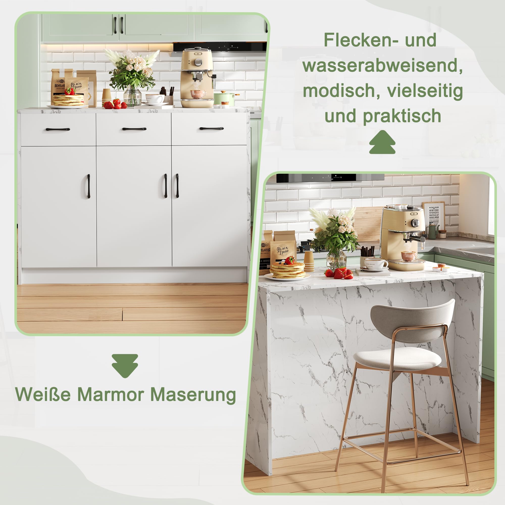 Große Kücheninsel 3 Schubladen und 3 Türen, weißes Marmordesign, verstellbare Einlegeböden, geräuschlose Schubladen, Barbereich-Design - Stilvolle und praktische Küche