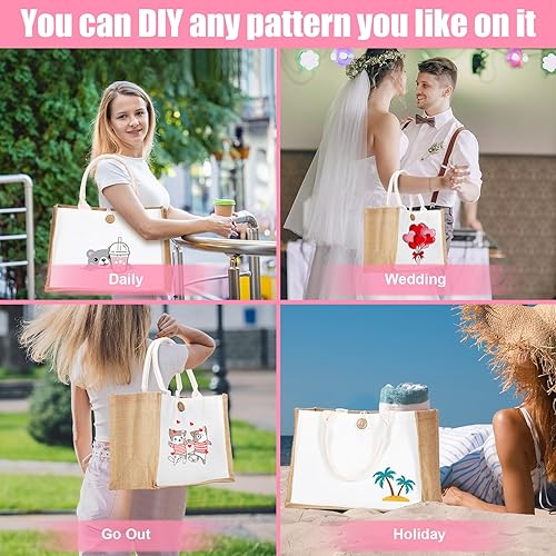 Miniatura 6 de Sweetude 18 bolsas de yute para sublimación, bolsa de playa de arpillera con asas, reutilizable, en blanco, bolsa de regalo de lona para dama de