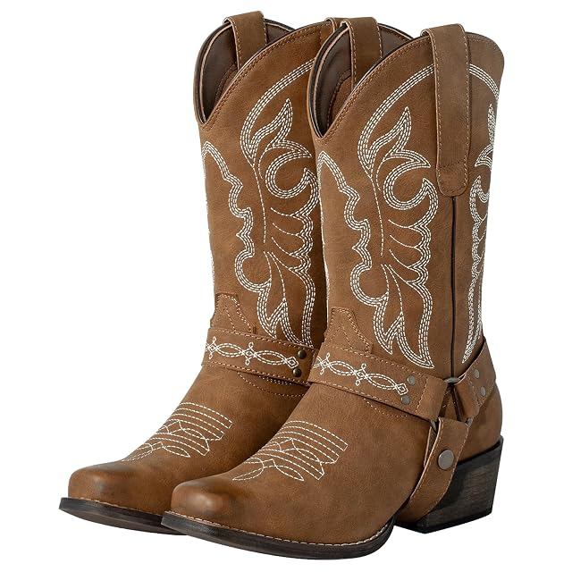 Js o l e Womens Square Toe Cowgirl Cowboy Boots Wide Calf Rodeo Western Riding Boots with Removable