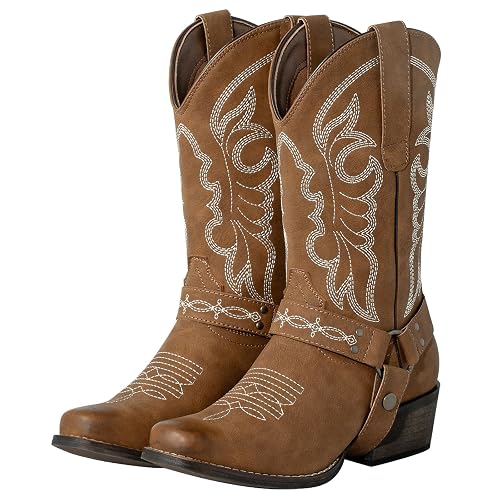 J's.o.l.e Women's Square Toe Cowgirl Cowboy Boots Mid Calf Western Riding Boots with Fashion Buckle Strap
