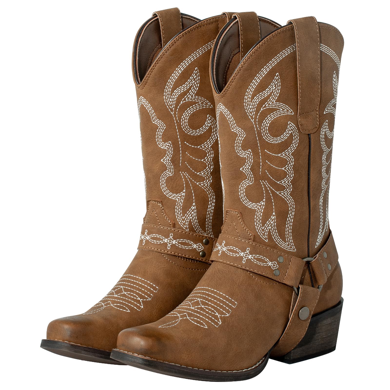 Js o l e Womens Square Toe Cowgirl Cowboy Boots Wide Calf Rodeo Western Riding Boots with Removable