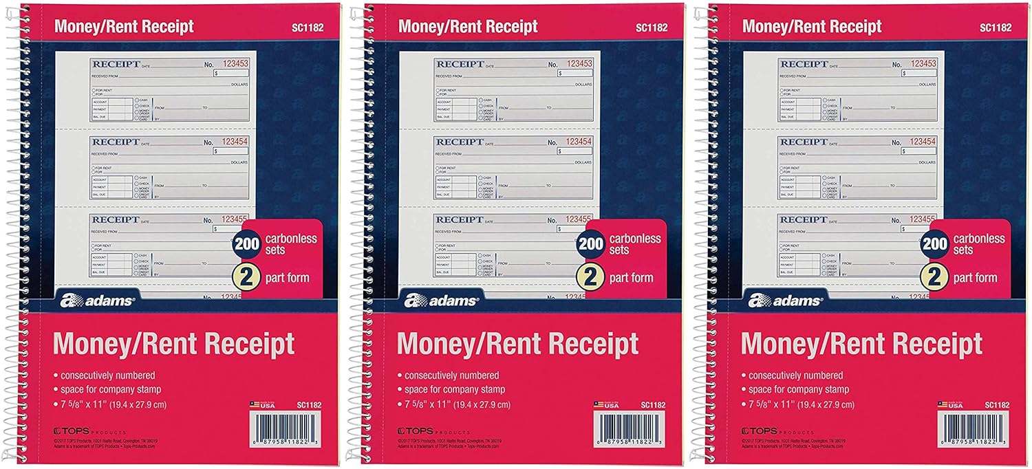 Adams Money and Rent Receipt Book, 2Part Carbonless, 75/8" x 11", Spiral Bound, 200 Sets per