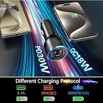 USB C Car Charger, 65W 4-Fast Port Dual 12V USB-C & USB-A Car Phone Charger PD&QC3.0 Super Fast Car Cigarette Lighter Adapter for iPhone 17 16 15 Pro Max Plus iPad Air, Samsung S24+5ft Type C Cable