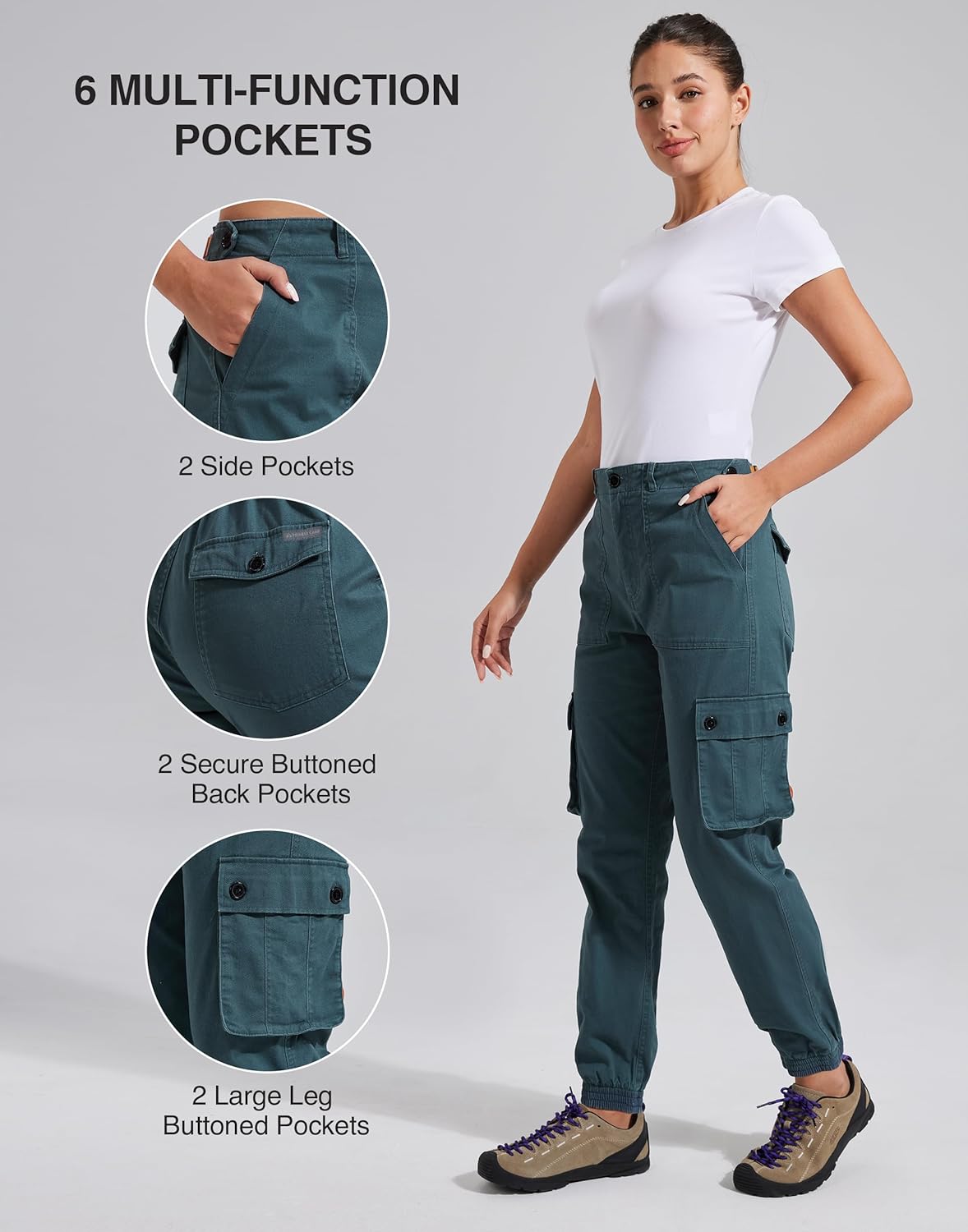 Pioneer Camp Women's Stretchy Cargo Pants with Pockets High-Rise Casual Hiking Cotton Joggers Adjustable Waistband with Belt - Image 6