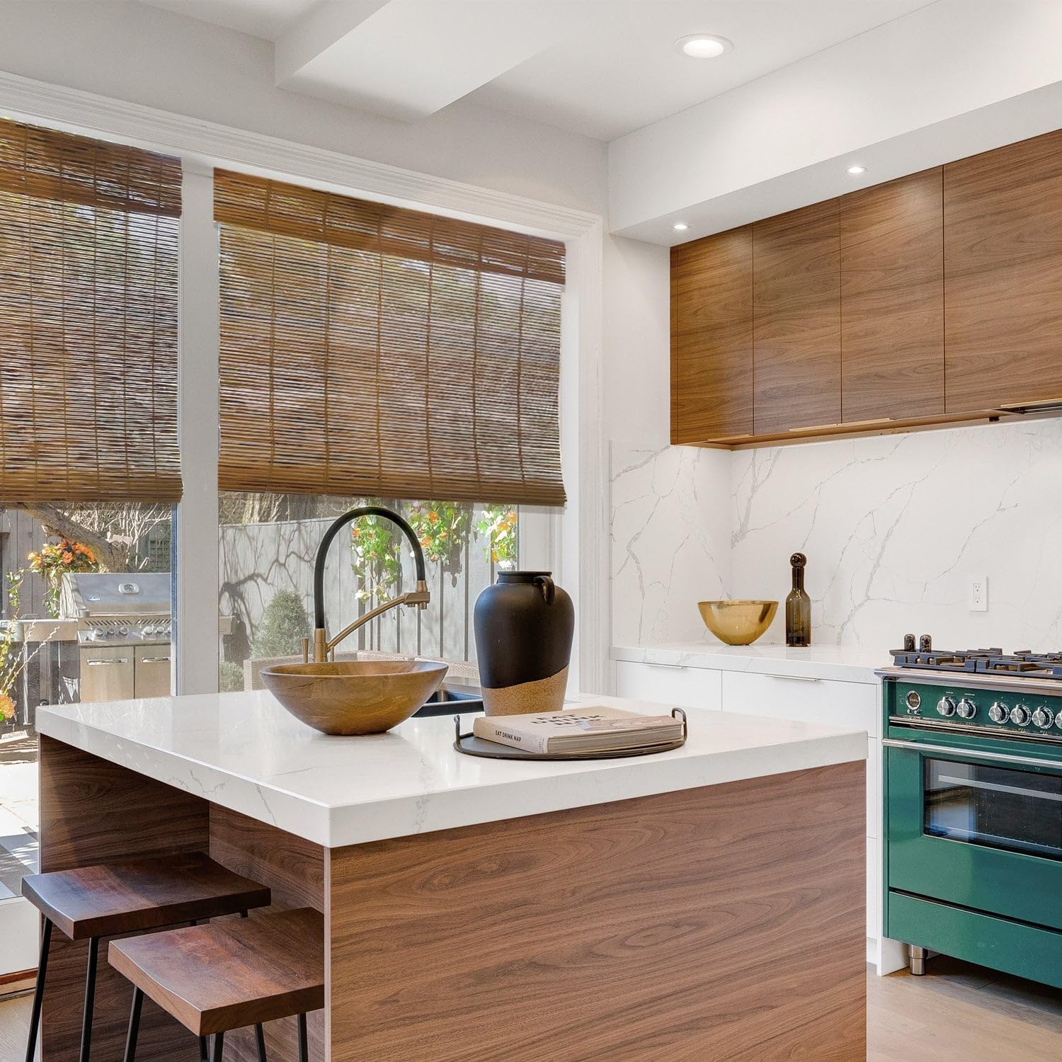 MOOD Custom Bamboo Shades | Aloha | Cordless Bamboo Roman Shades for Windows and Doors (Natural Woven) | Aloha Mango Wood (Sheer) | 60" W X 48" H