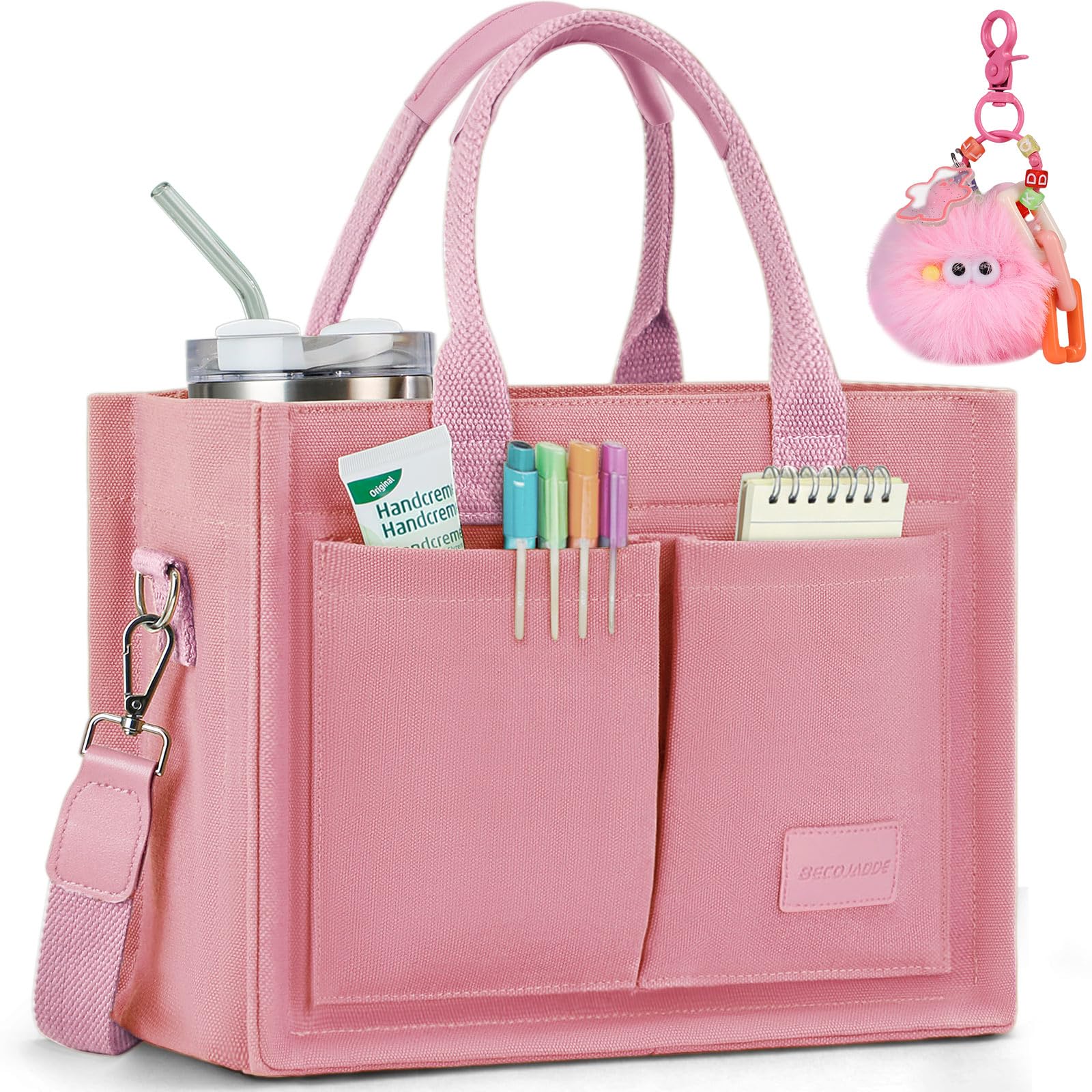 BECOJADDE Structured Canvas Tote Bag for Women, Multi-Compartment Zippered Purse for Work Bible Travel X-Large Pink