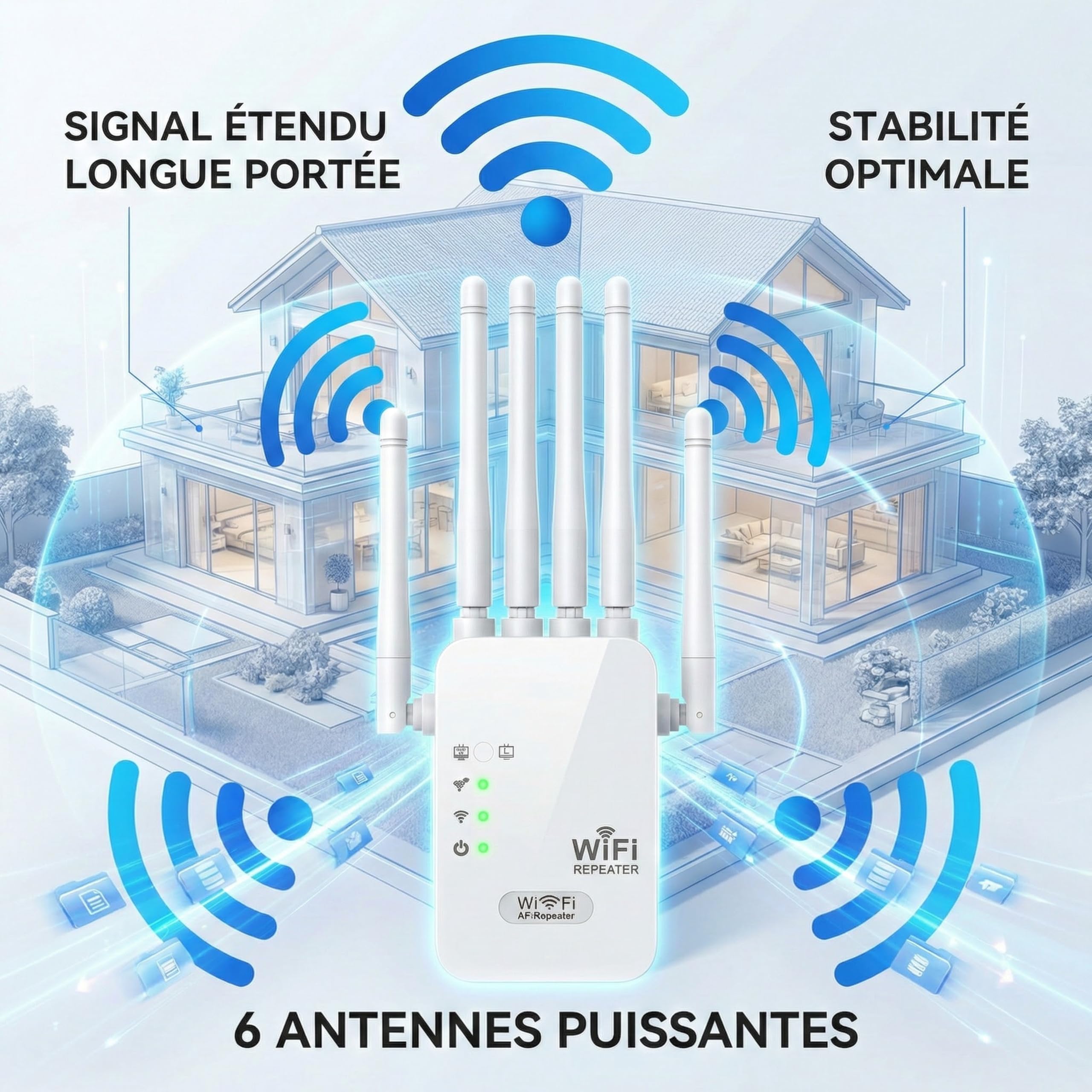 Repeteur WiFi Puissant Amplificateur WiFi de dernière Technologie avec 6 2 Ports LAN antennes Couvrant Une superficie de1000 m²,Mur épais Compatible pour la Maison et Le Bureau