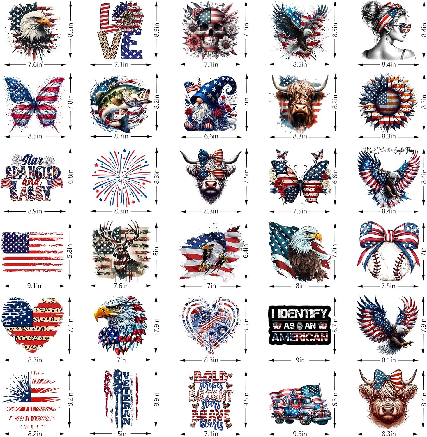 30 Sheets Patriotic Iron on Transfers 4th of July USA Flag Eagle DTF Transfers, Heat Transfer Vinyl Decals for T-Shirts Hats Bags, Independent Day DIY Crafts Washable Stickers