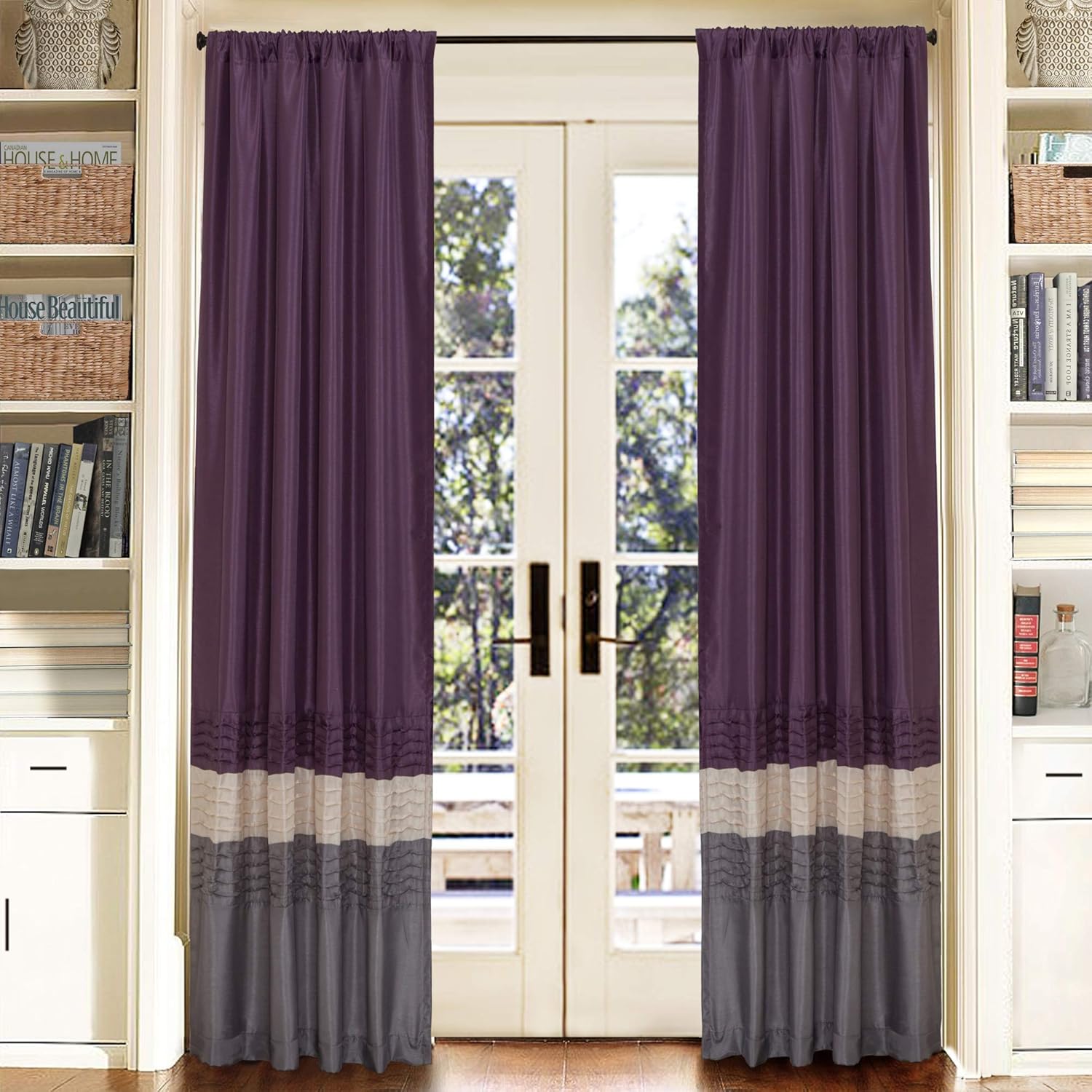 Lush Decor Mia Curtains | Window Panels Drapes Color Block Stripe Set for Living, Dining, Bedroom (Pair), 84” x 54”, Gray/Purple, Model:C00953Q12