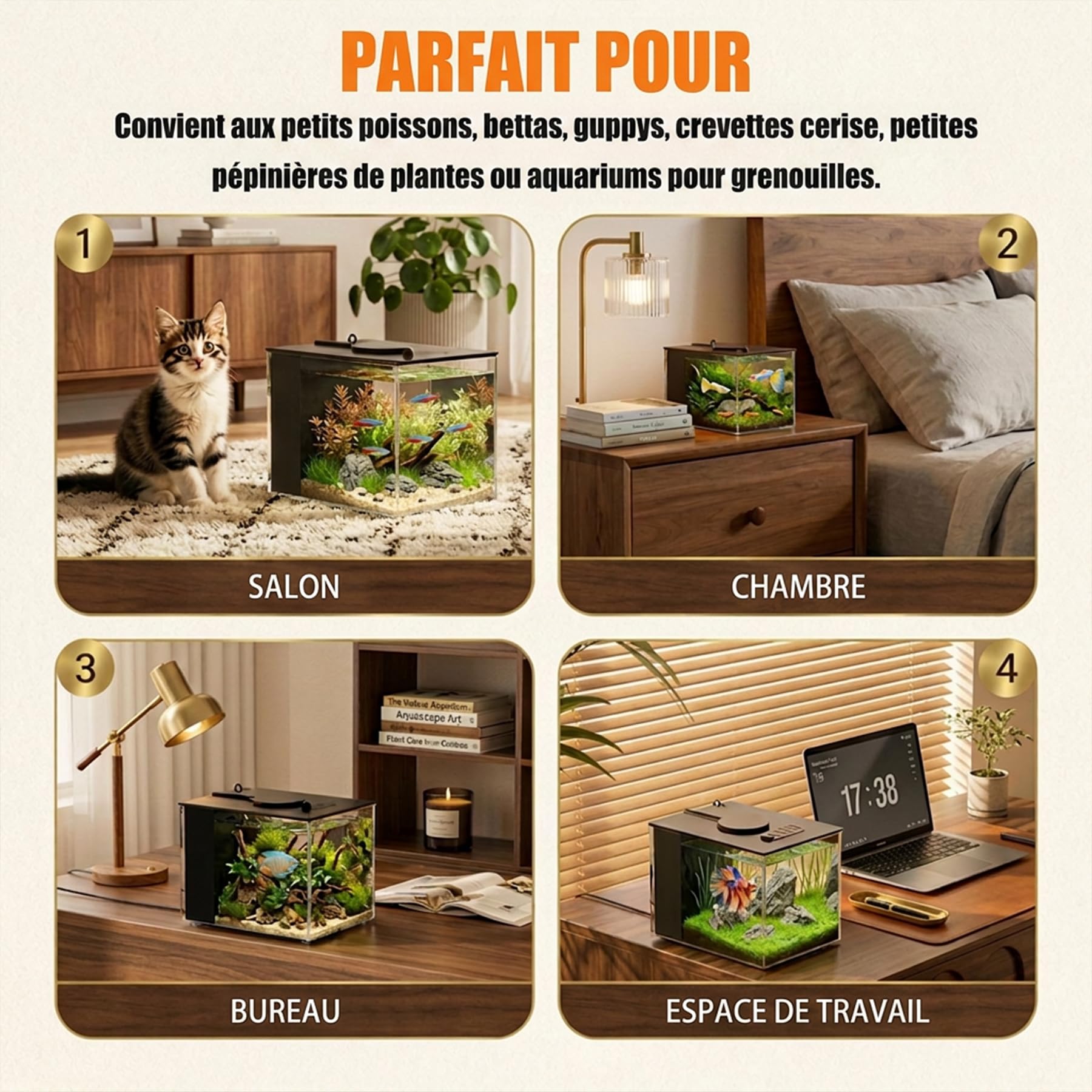 Petit Aquarium Complet 3,7L, Aquarium Betta en Acrylique avec Pompe de Filtration et éclairage LED, Idéal pour Les Petits Poissons, Les Crevettes et Les Plantes(Noir)