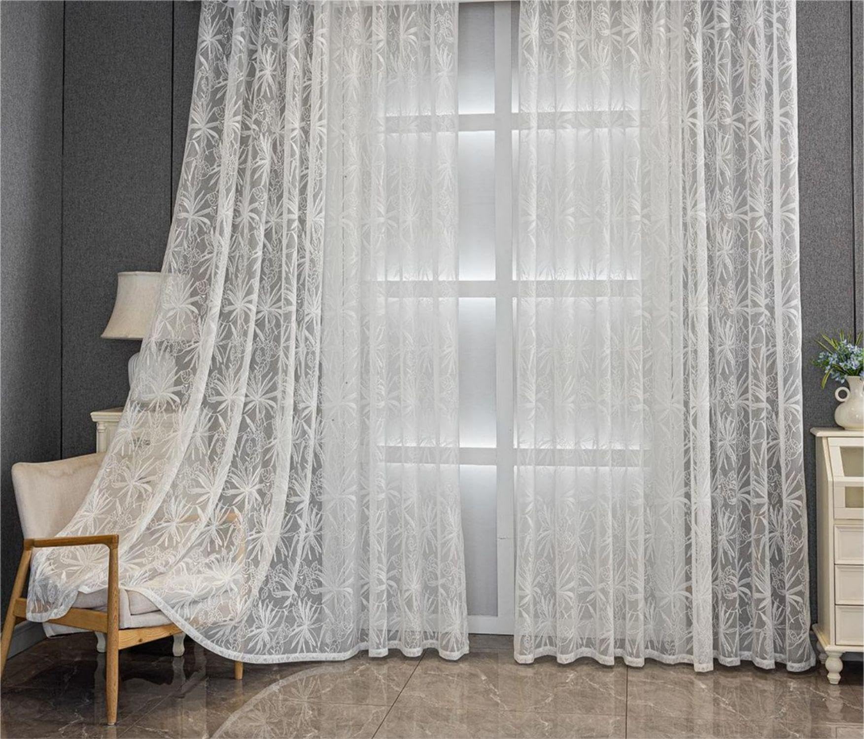 Jacquard Scheibengardine mit zarten Maple Blättermuster halbtransparente weiße Bistrogardine mit Kräuselband für Wohnzimmer & Balkon 1 Stück HxB 145x300cm