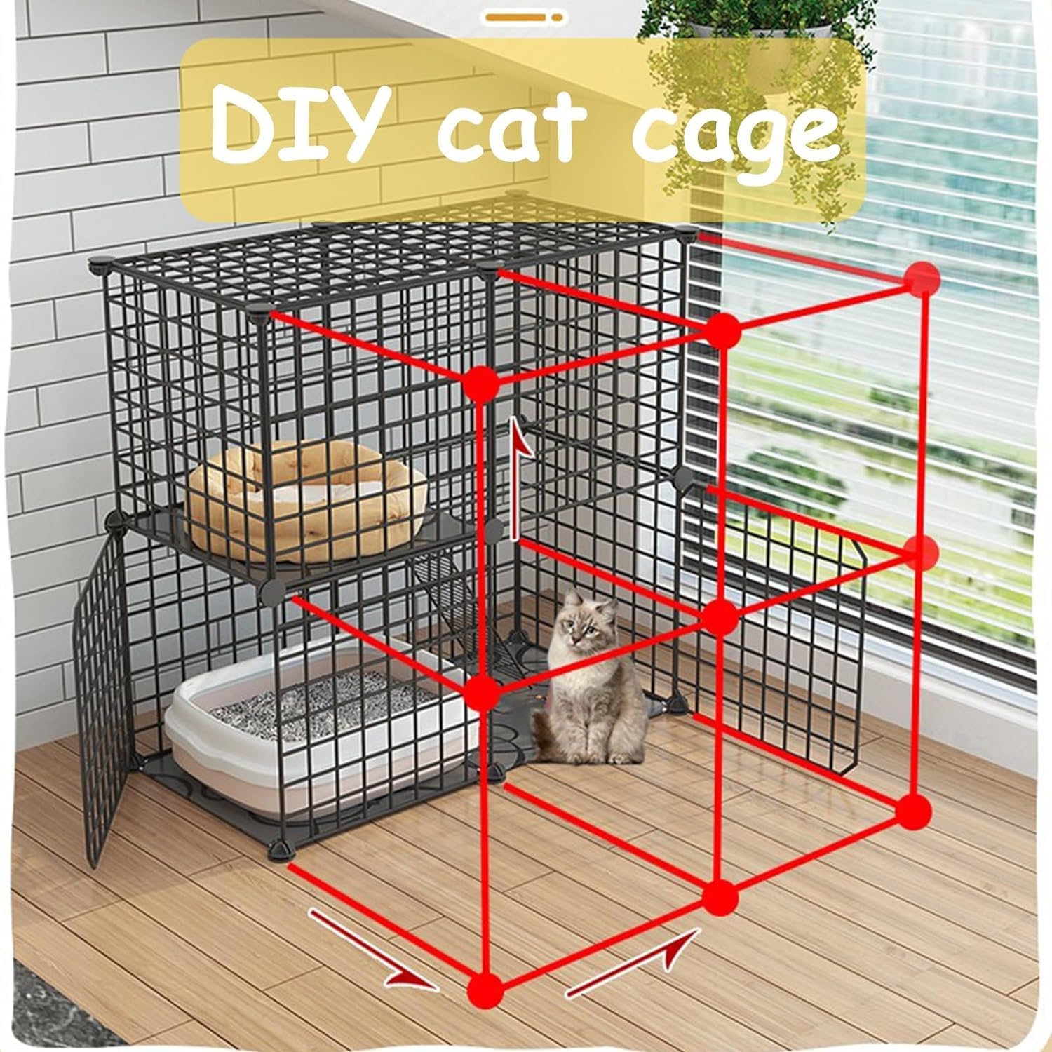 Gabbia per gatti a 2/3 livelli, per interni, staccabile, fai da te, in filo metallico, con scala e strumento di installazione, cuccia per piccoli animali per gattini e cuccioli