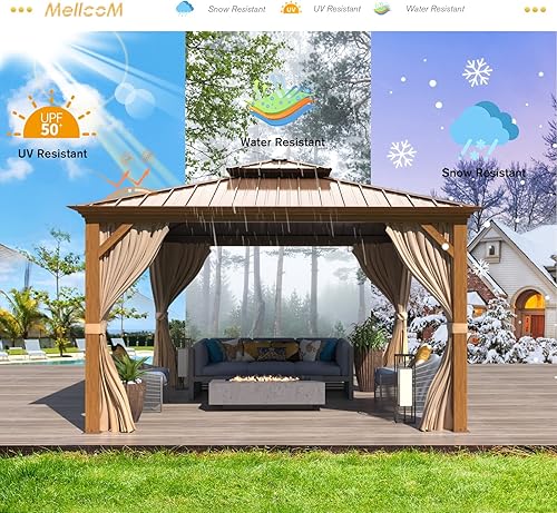 Miniatura 8 de MELLCOM Gazebo de techo rígido de 12 x 12 pies, marco de aluminio de grano de madera para exteriores con techo de acero galvanizado doble, pabellón