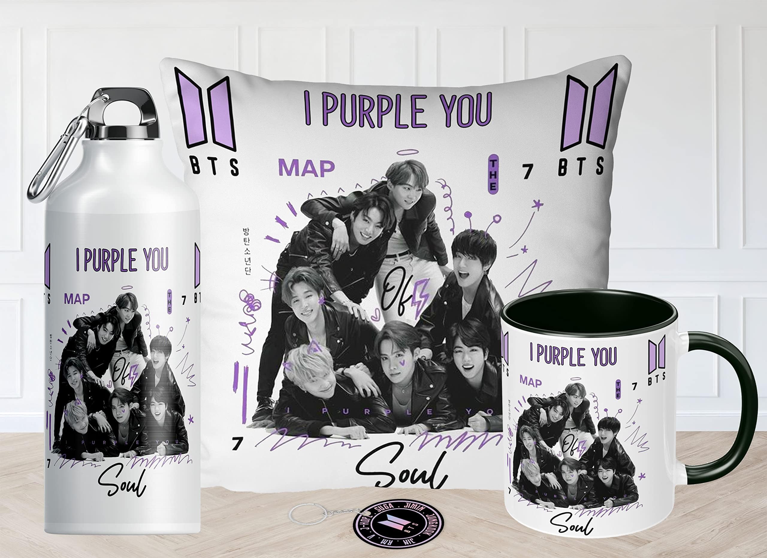 NH10 DESIGNS BTS Printed Ceramic Coffee Mug (350-ml), Sipper Bottle (600ml), Cushion Cover with Filler (12x12 inch) & Keychain BTS Combo Birthday Gift for Girls Boys Friends BTS Lovers (BTSC3TMSKV 17)