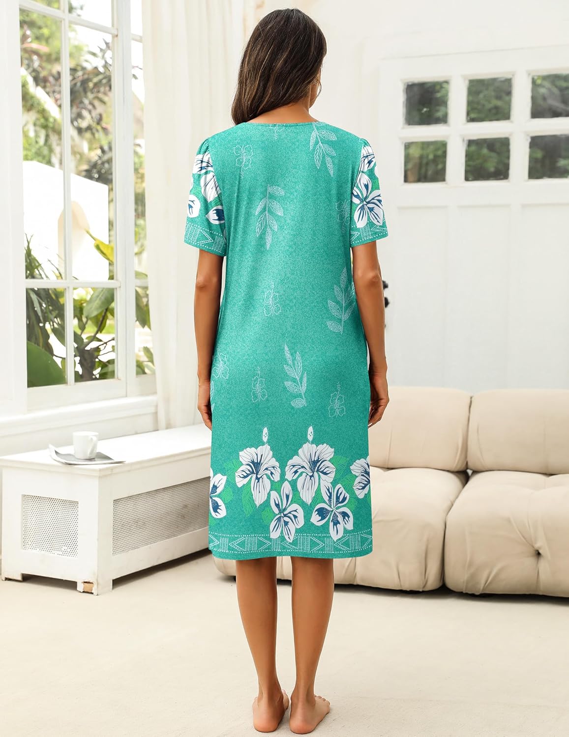 Ekouaer Women's House Dress with Pockets Moomoo Dresses Short Sleeve Mumu Nightgown Lounge Dress Button Down Sleepwear - Image 5