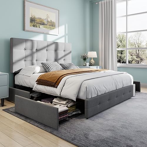 Miniatura 8 de SHA CERLIN Base de cama tapizada de tamaño matrimonial con 4 cajones de almacenamiento, cabecera ajustable con diseño de botones cosidos cuadrados,