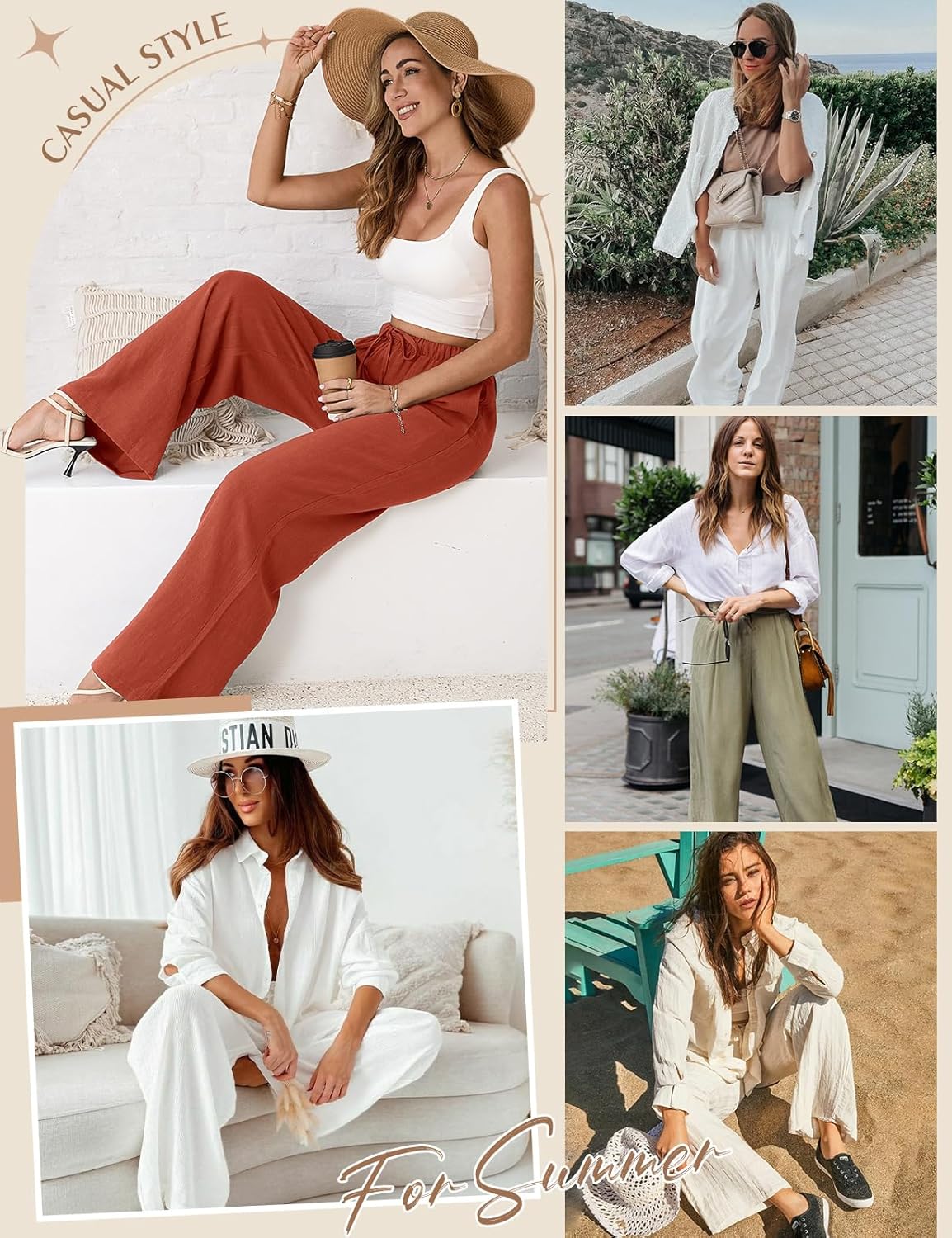 Womens Linen Pants High Waisted Wide Leg Trousers Summer Palazzo Casual Pant Flowy Drawstring Beach Pants - Image 7
