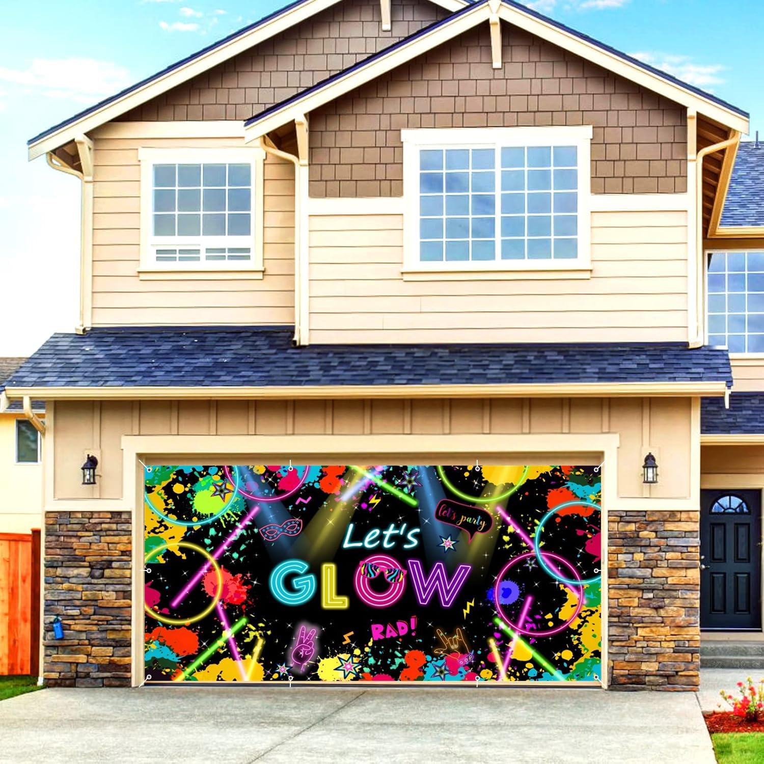 Neon Glow Party Garage Door Cover Banner Decorations Backdrop 8x16ft Large Let‘s Glow Crazy Graffiti Splash Paint Garage Door Outdoor Decorations Birthday Neon Themed Party Garage Door Cover Props