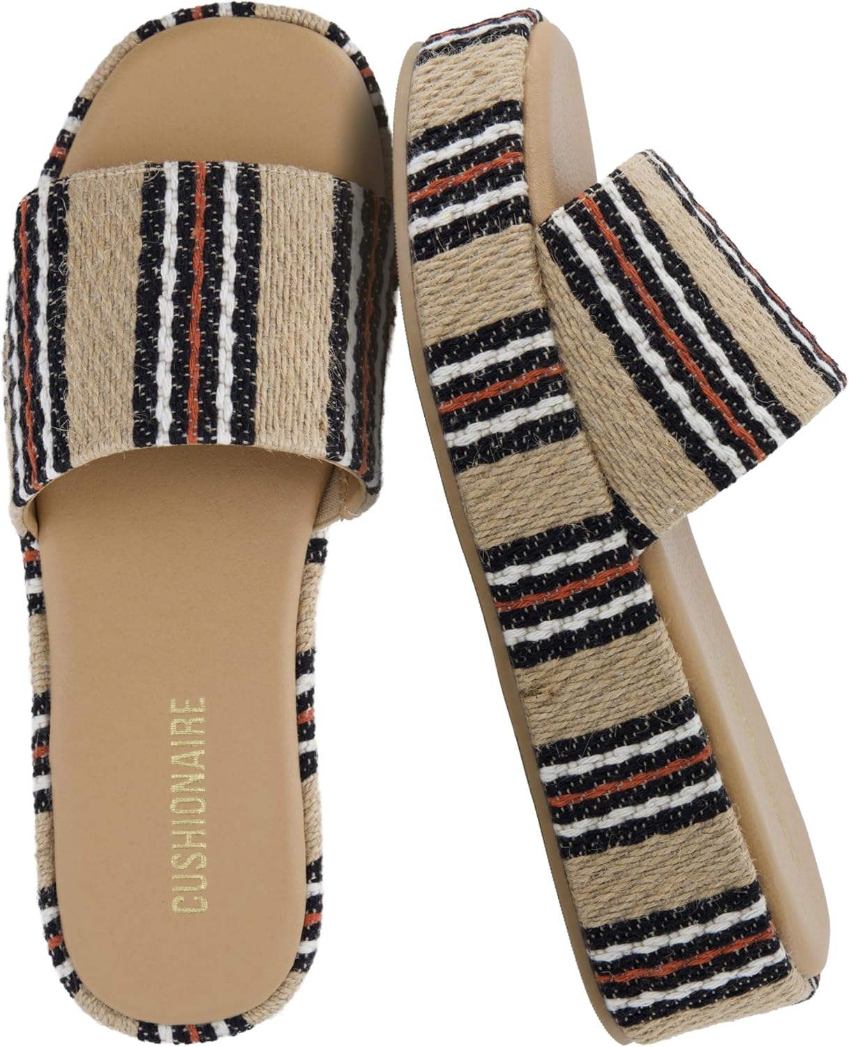 CUSHIONAIRE Kudos Platform Womens Sandals – Comfortable Open Toe Slip On Flat Slides, Casual Summer Sandals for Women 2025, NATURAL/BLACK 8.5