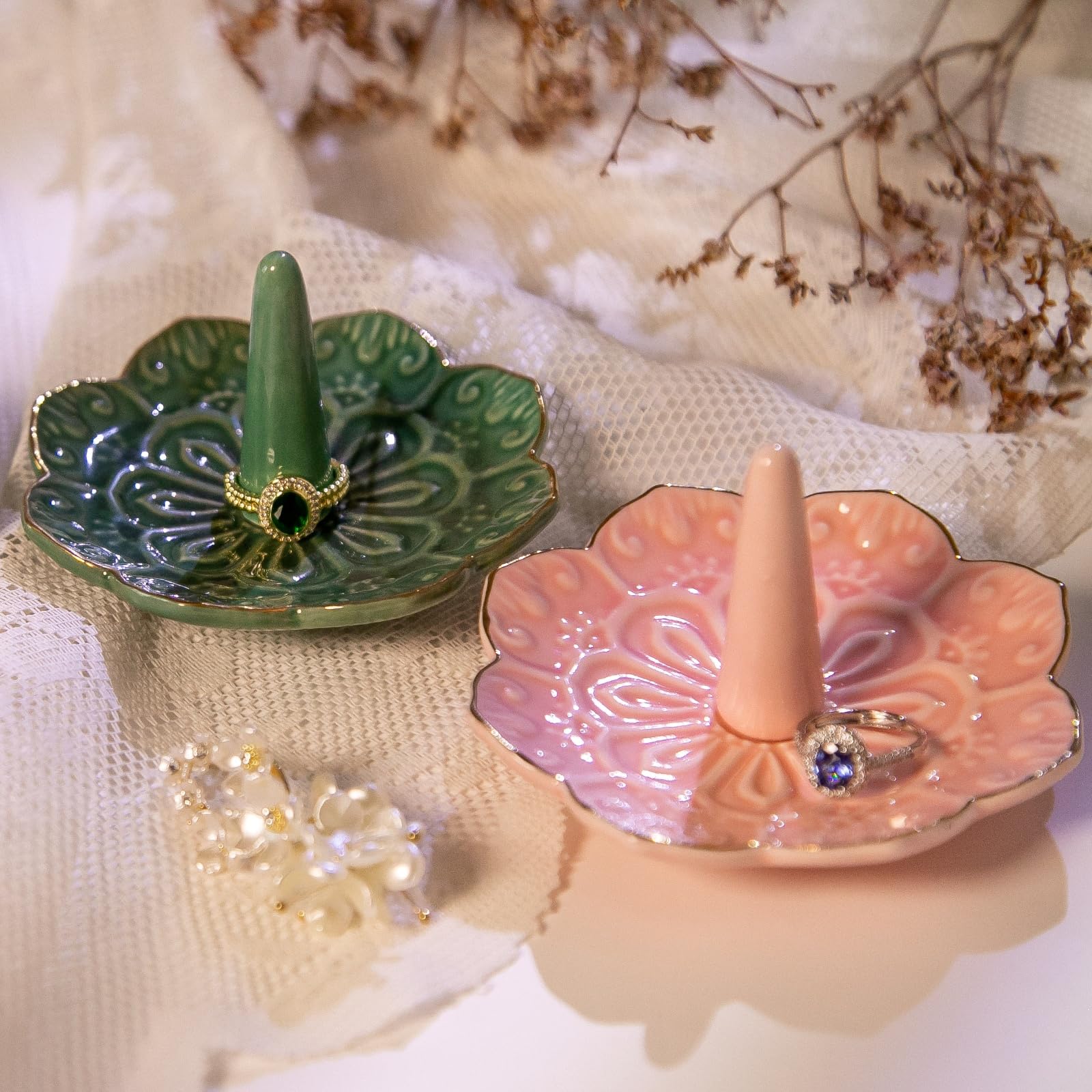 HOMEGOAL Ceramic Ring Holder Dish for Jewelry, Decorative Mandala Jewelry Tray for Rings Earrings Necklaces Watch Keys, Aesthetic Room Decor, Birthday Engagement Wedding Gifts for Women (): Pink