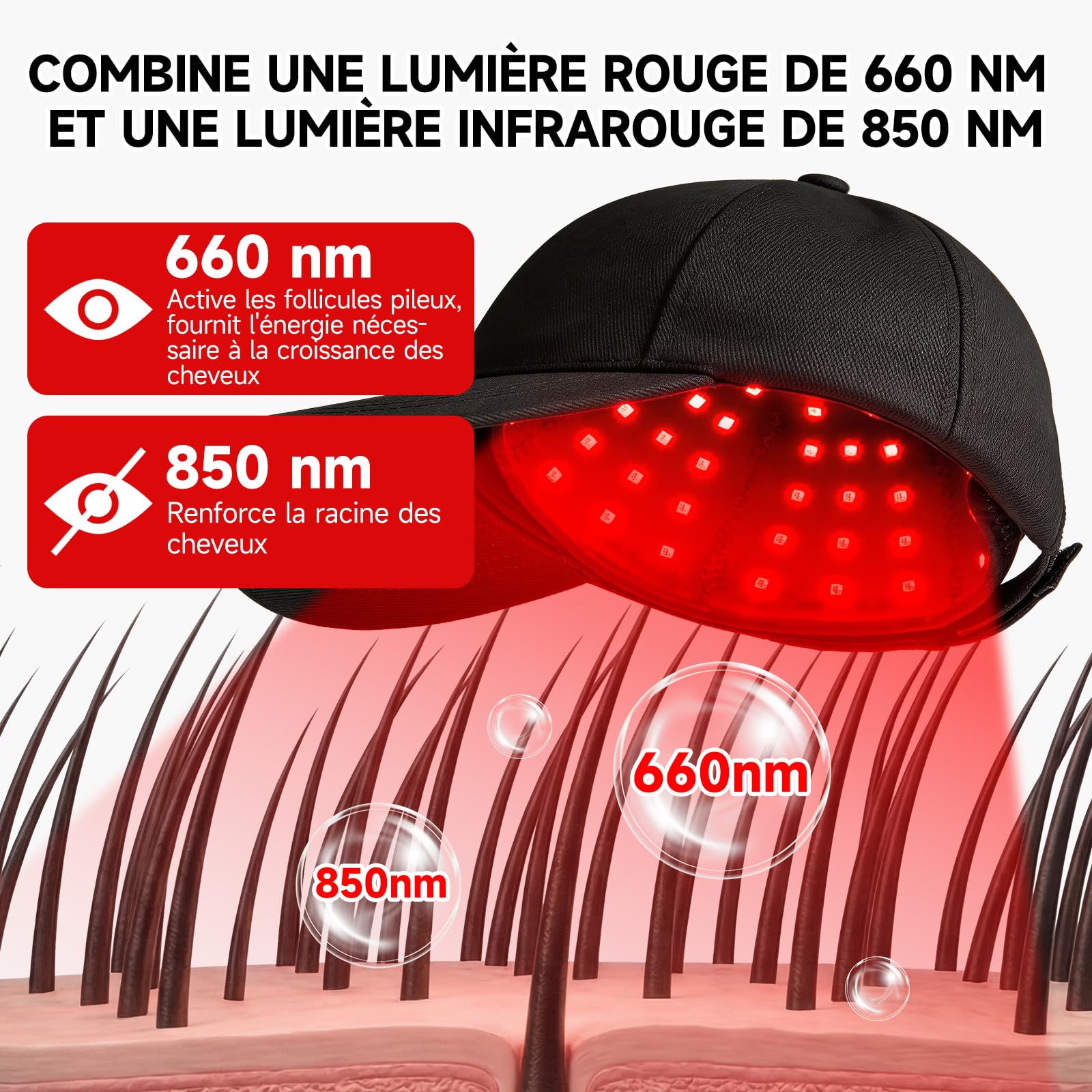 Casque LED Cheveux,Casque Pousse Cheveux,7 Modes Casque De Croissance De Cheveux 660nm+850nm, Sans fil Casque Anti Calvitie,Accélérer La Croissance Des Cheveux pour Femme Homme